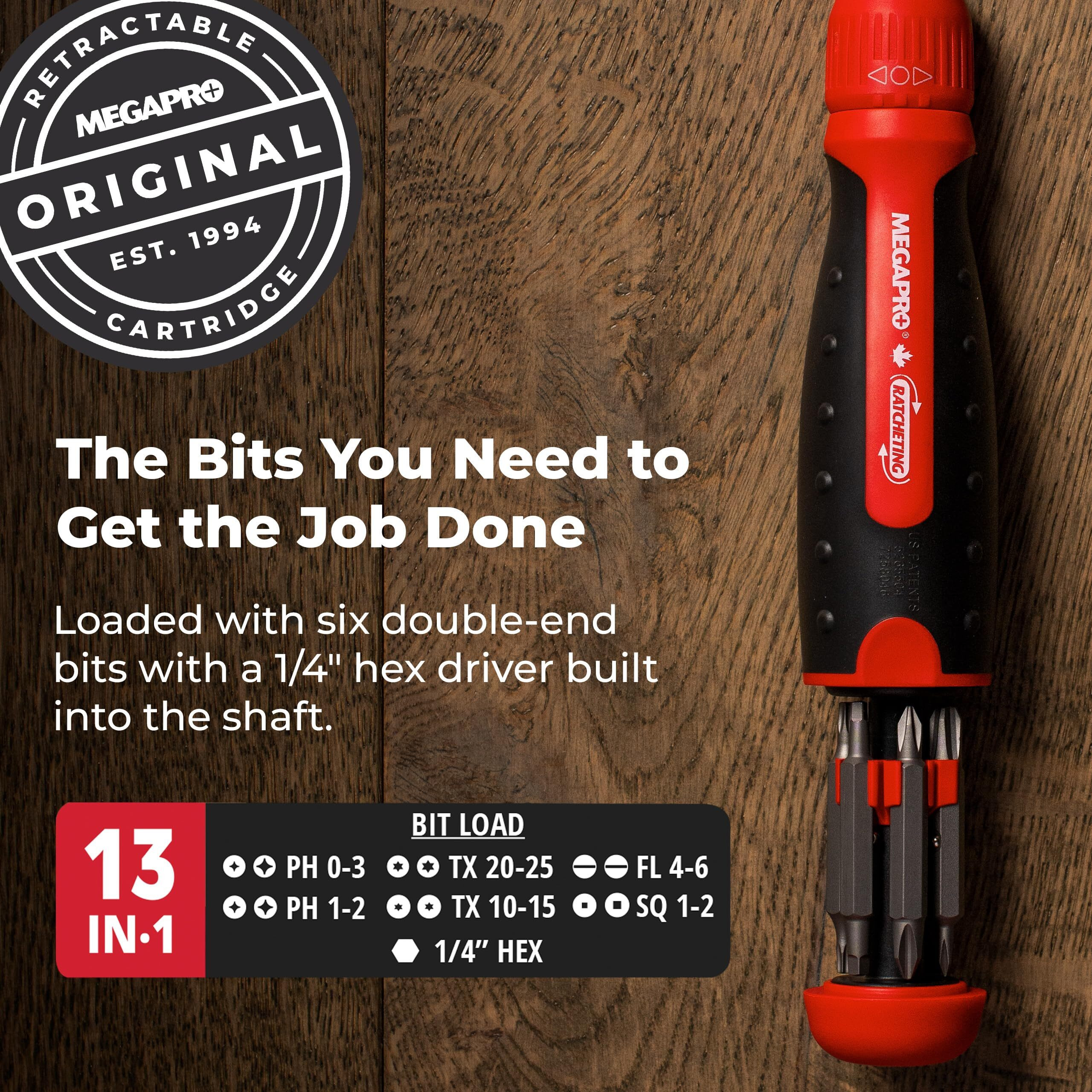 Ratcheting Screwdriver - 13-In-1 Multi Bit Screw Driver W/ "" Hex Shaft For Phillips  Star  Flat  Square Bit - Ratchet Screwdriver W/Retractable Cartridge - Multi Screwdriver
