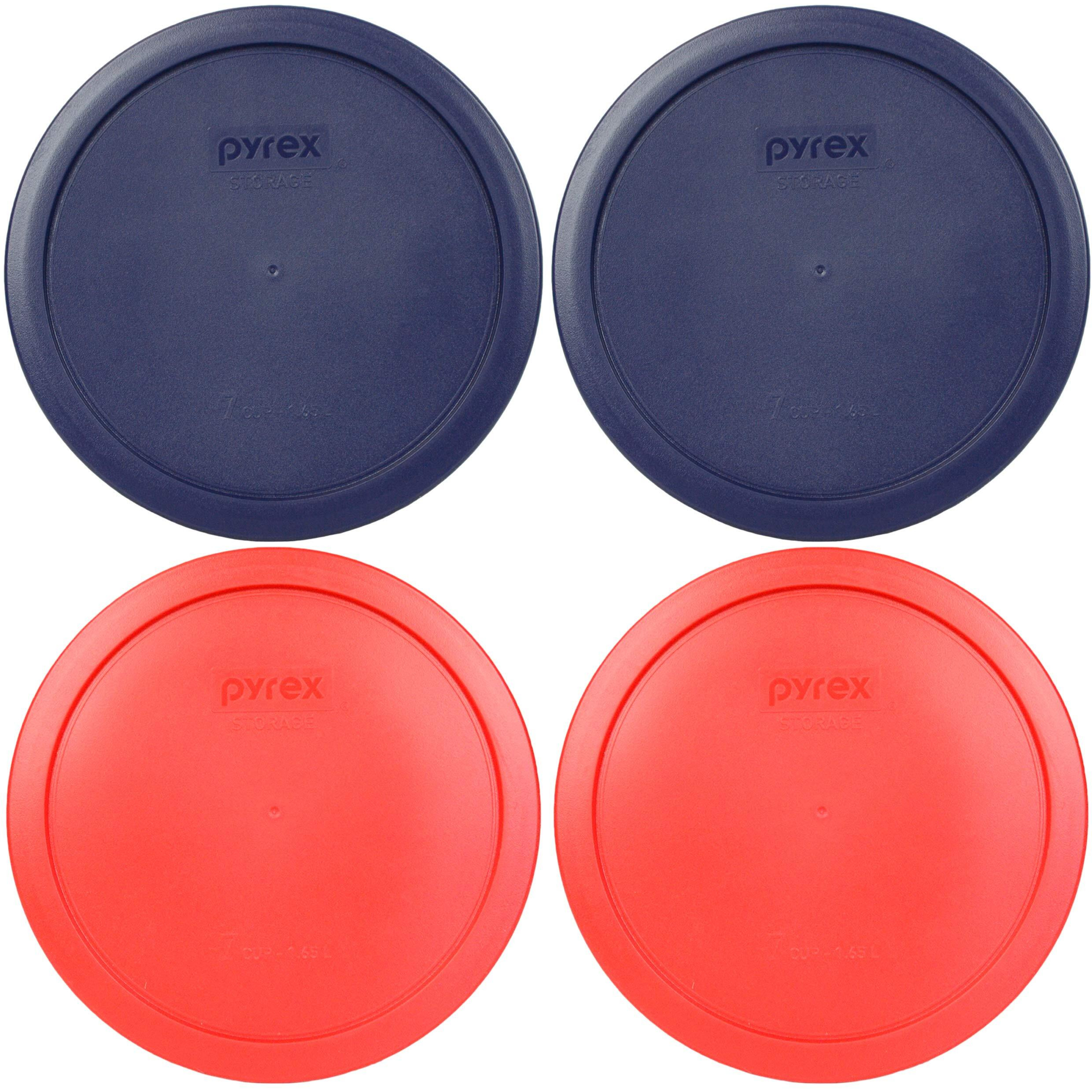 Pyrex 7402-Pc 6/7 Cup (2) Blue & (2) Red Round Plastic Storage Lids  Made In Usa