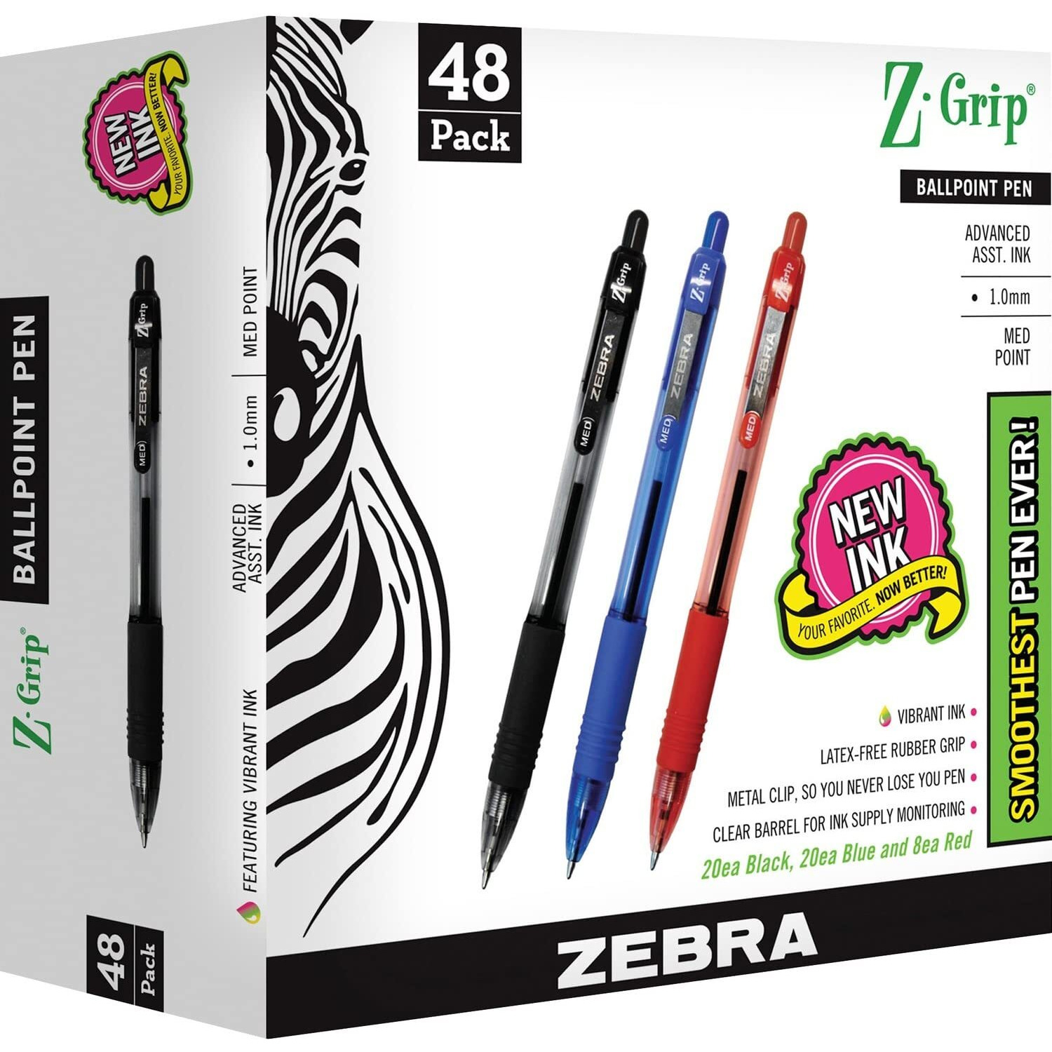 Zebra 22048 Z-Grip Retractable Ballpoint Pen  Assorted Ink  Medium  48/Pack