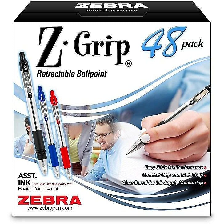 Zebra 22048 Z-Grip Retractable Ballpoint Pen  Assorted Ink  Medium  48/Pack