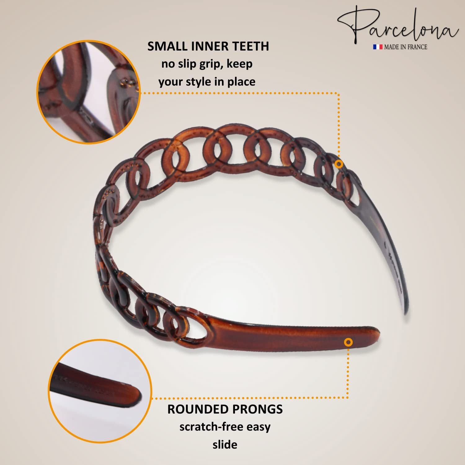 Parcelona French Round Chain Tortoise Shell Brown Celluloid Acetate Flexible No Slip Sturdy And Durable Hair Clips Hair Headband For Women And Girls  Made In France