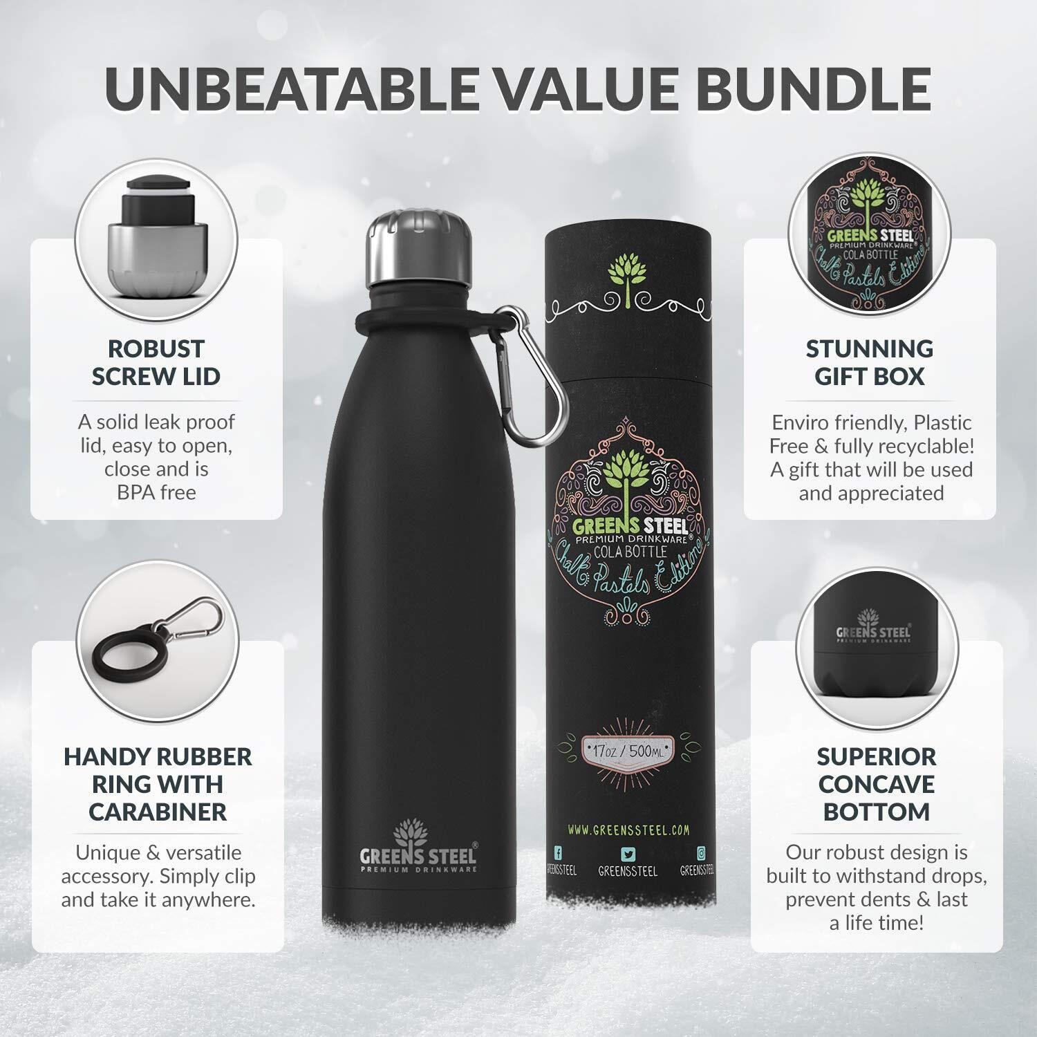 Greens Steel Stainless Steel Water Bottle - 17 Oz  Black | Vacuum Insulated Double Wall With Screw Lid/Leak Proof | Thermal Travel Sports Canteen Coffee Flask