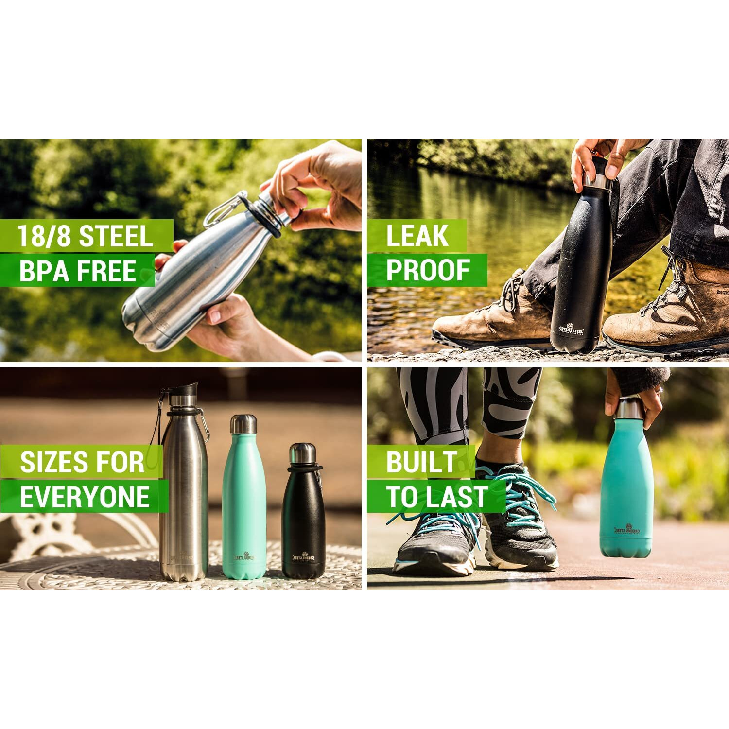 Greens Steel Stainless Steel Water Bottle - 17 Oz  Black | Vacuum Insulated Double Wall With Screw Lid/Leak Proof | Thermal Travel Sports Canteen Coffee Flask