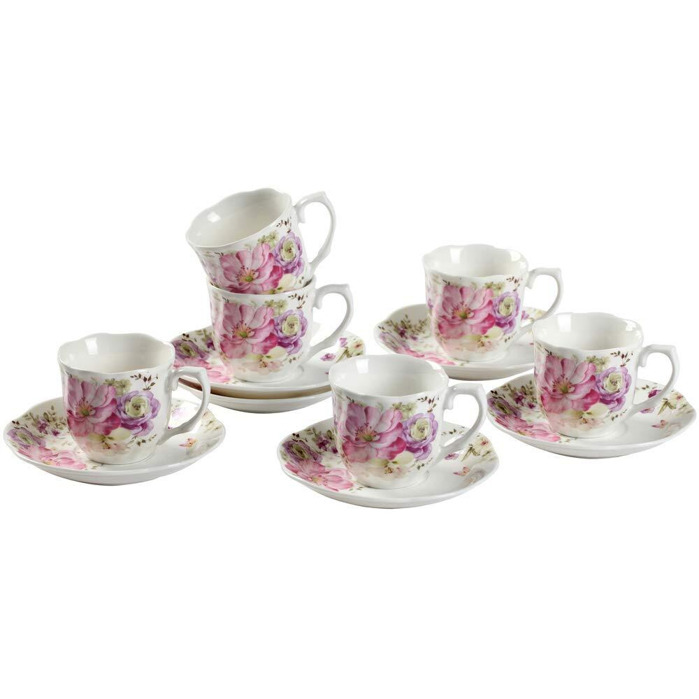 Guangyang Gy 12 Pcs Tea Set - 7Oz New Bone China Tea Cups And Saucers With Pink Flower Pattern Porcelain Cups For Mocha Cappuccino Tea And Coffee