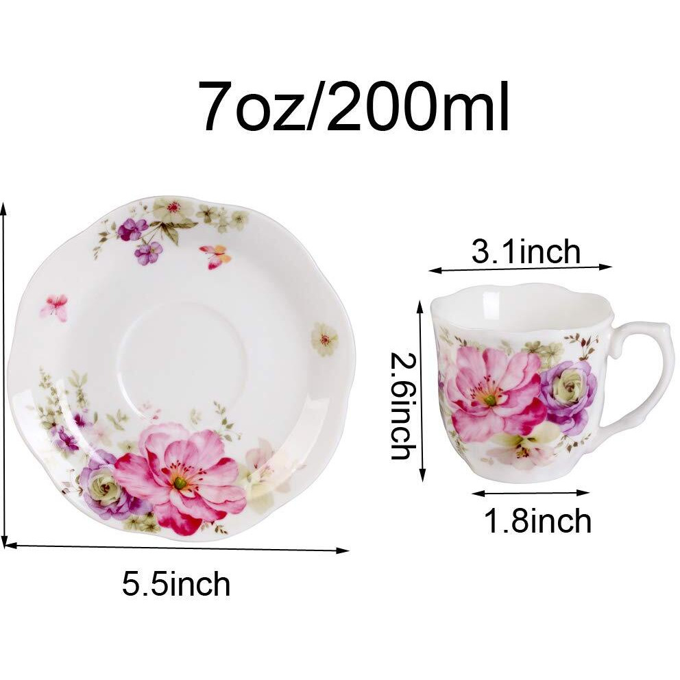 Guangyang Gy 12 Pcs Tea Set - 7Oz New Bone China Tea Cups And Saucers With Pink Flower Pattern Porcelain Cups For Mocha Cappuccino Tea And Coffee