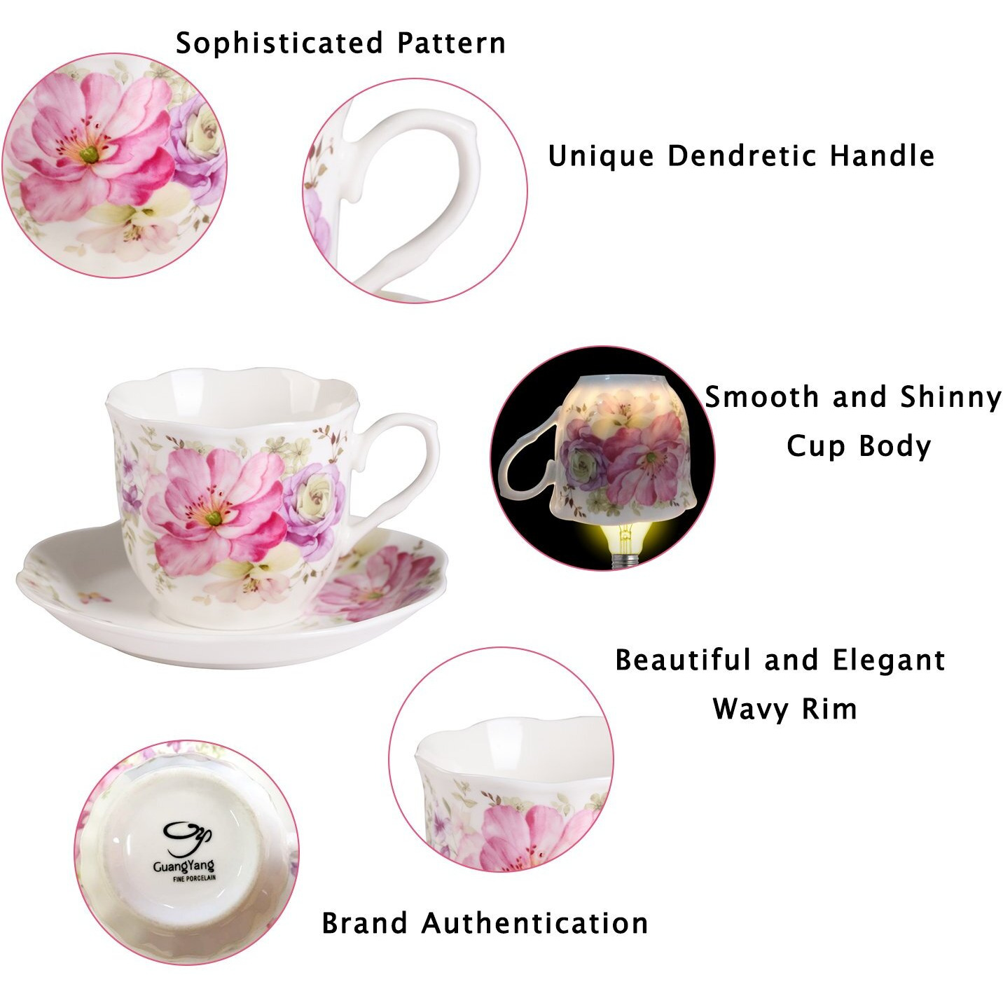 Guangyang Gy 12 Pcs Tea Set - 7Oz New Bone China Tea Cups And Saucers With Pink Flower Pattern Porcelain Cups For Mocha Cappuccino Tea And Coffee