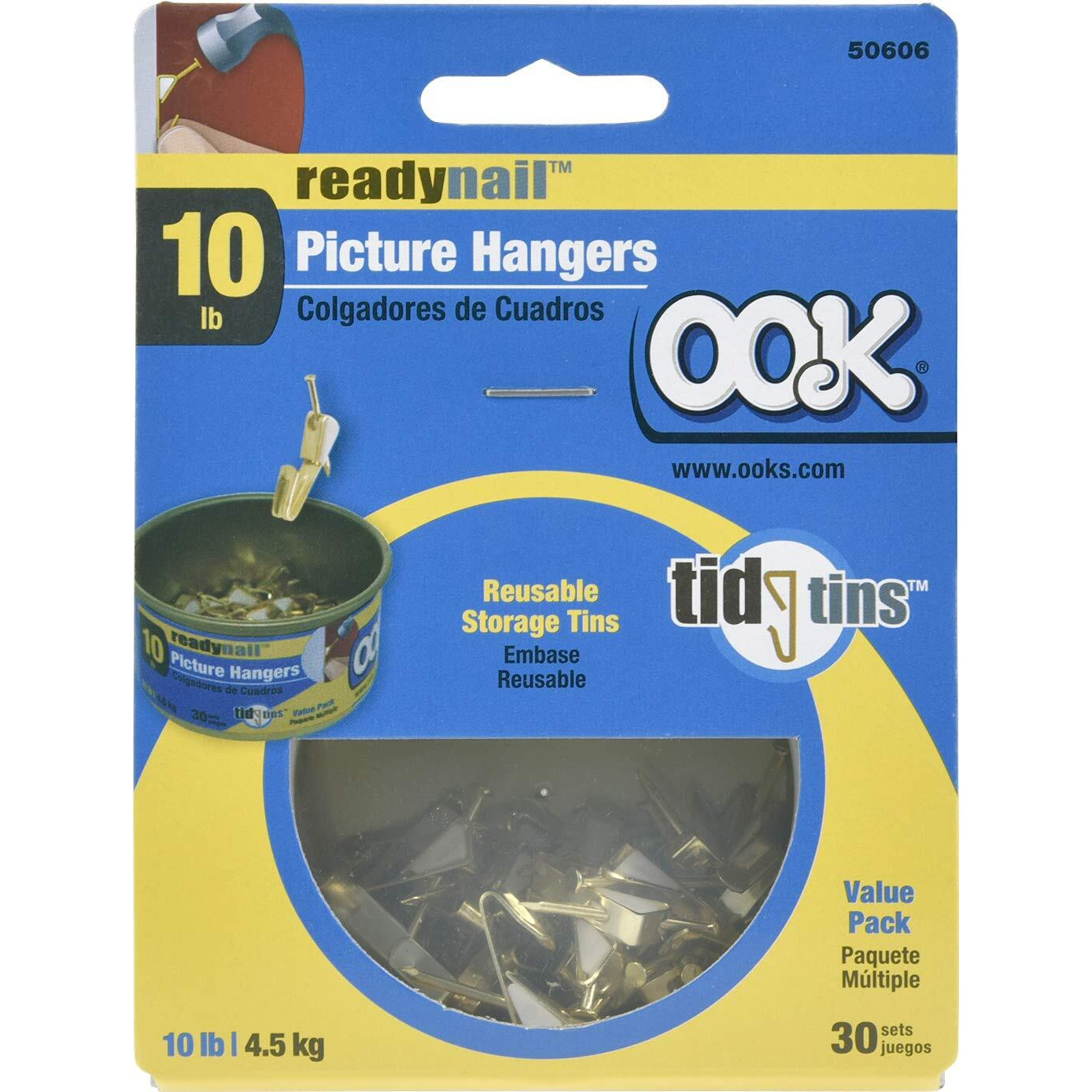 Ook 50606 Readynail Picture Hangers  Reusable Art Hooks  Brass  10Lbs (30 Set)