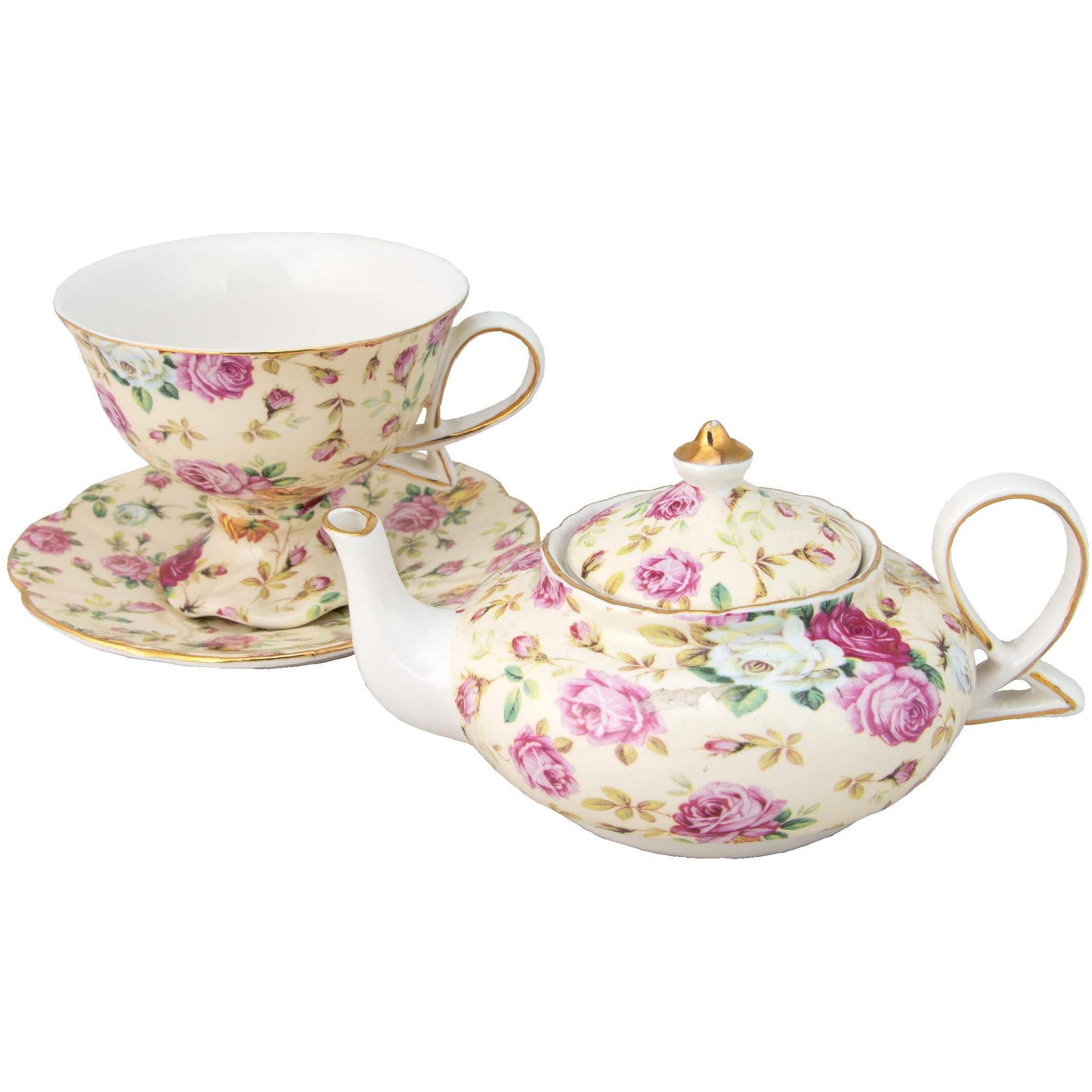 Gracie China By Coastline Imports 4-Piece Porcelain Tea For One  Stacked Teapot Cup Saucer  Cream Cottage Rose Chintz