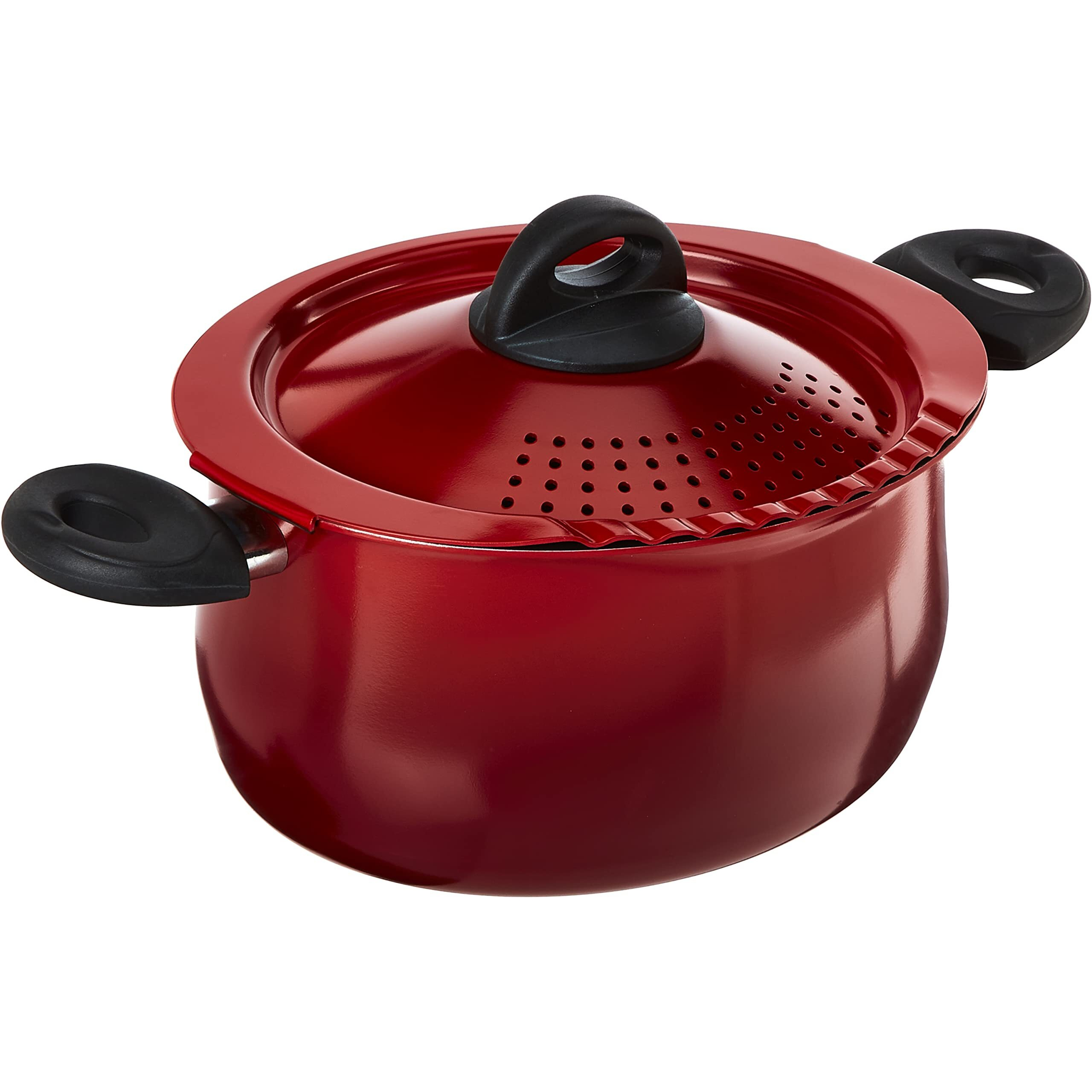 Bialetti 5.5 Quart Pasta Pot With Strainer Lid  Red - Elongated Oval Pot For Longer Spaghetti  Lasagna  Penne & Farfalle Noodles  Heat Resistant Handles & Nonstick Interior  Large Pot For Cooking