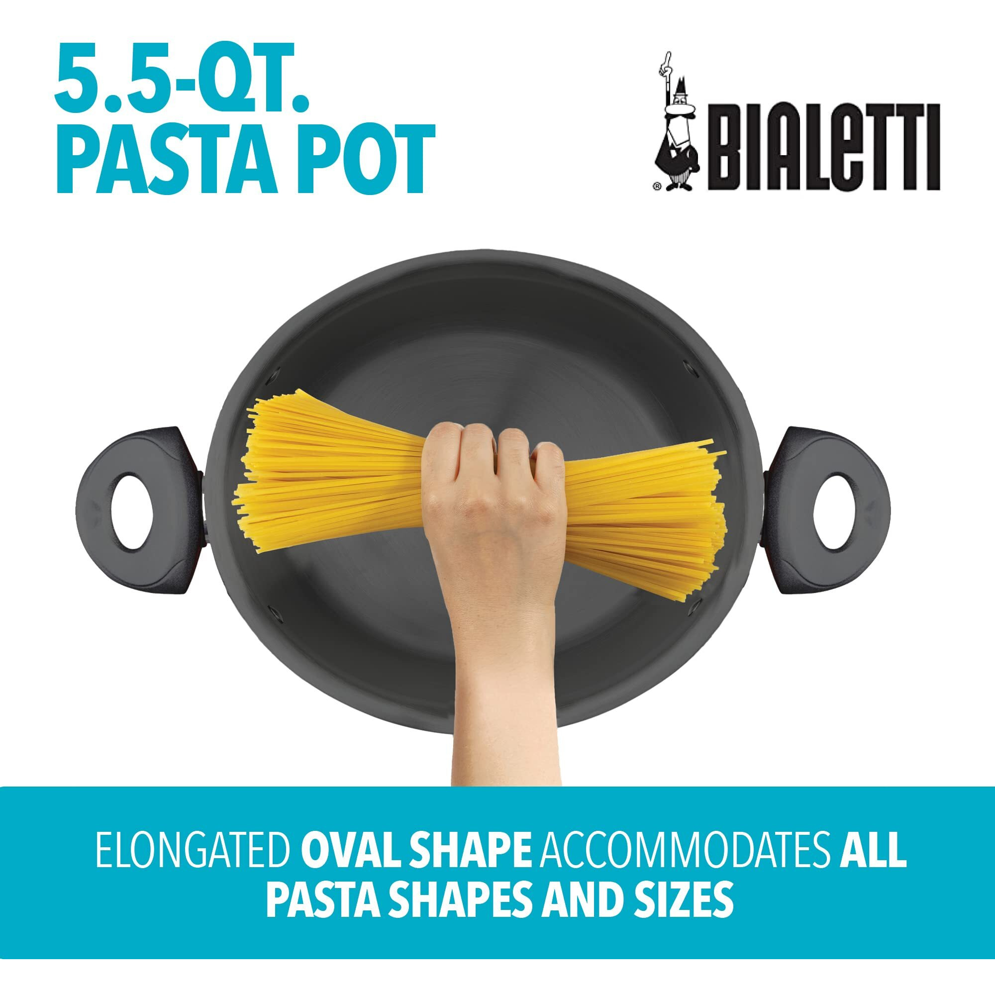 Bialetti 5.5 Quart Pasta Pot With Strainer Lid  Red - Elongated Oval Pot For Longer Spaghetti  Lasagna  Penne & Farfalle Noodles  Heat Resistant Handles & Nonstick Interior  Large Pot For Cooking