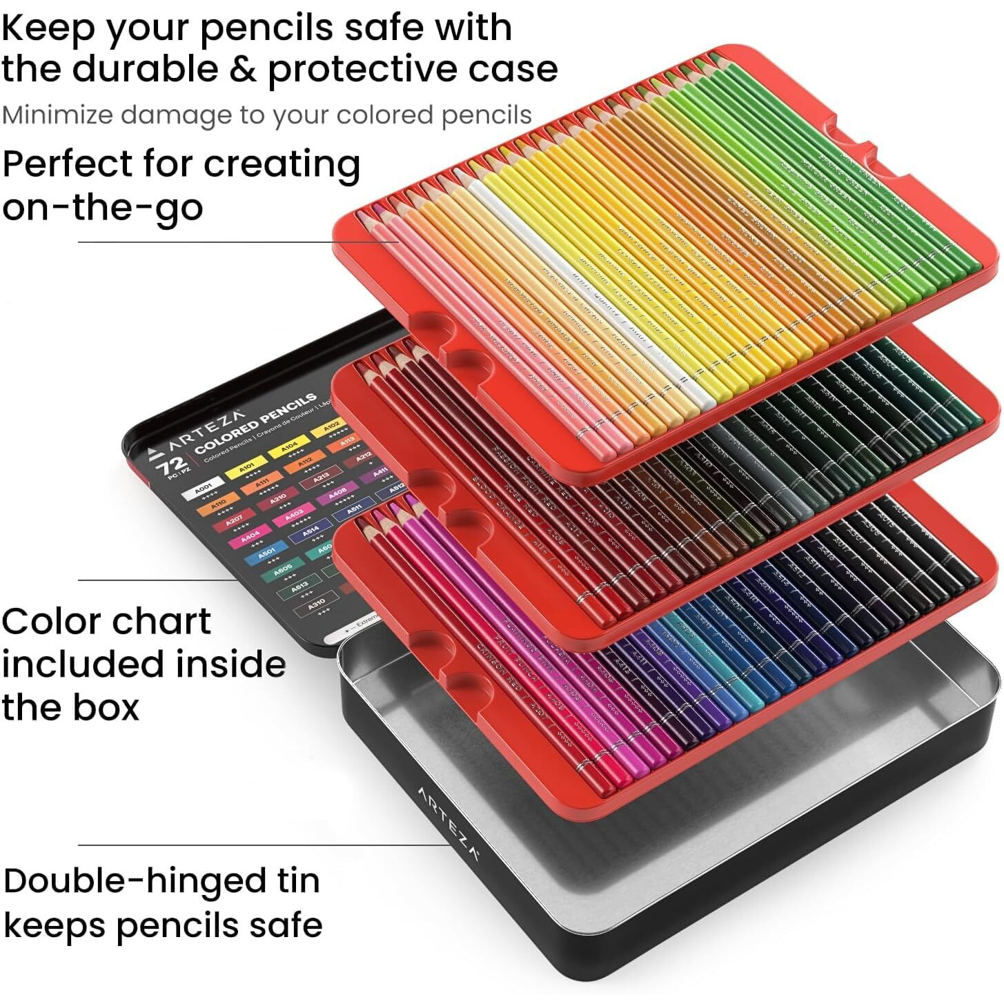 Arteza Colored Pencils  72 Wax-Based Color Pencils  Vibrant Coloring Pencils In Tin Box For Adults  Professional Art Supplies