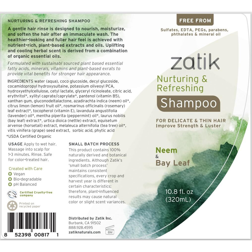 Zatik Naturals - Nurturing And Refreshing Shampoo With Neem & Bay Leaf For Dry  Fine  Delicate Hair - Vegan  Biodegradable  Ph Balanced  Free From Sulfates  Parabens  Fragrances  Phthalates. 10.8 Oz