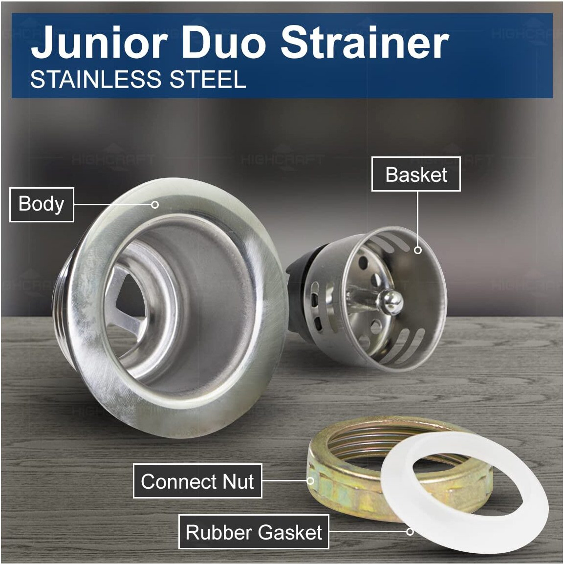 Highcraft 9773 Bar/Prep Sink 2 1/2 Junior Duo Stainless Steel Drain Assembly With Strainer Basket And Rubber Stopper