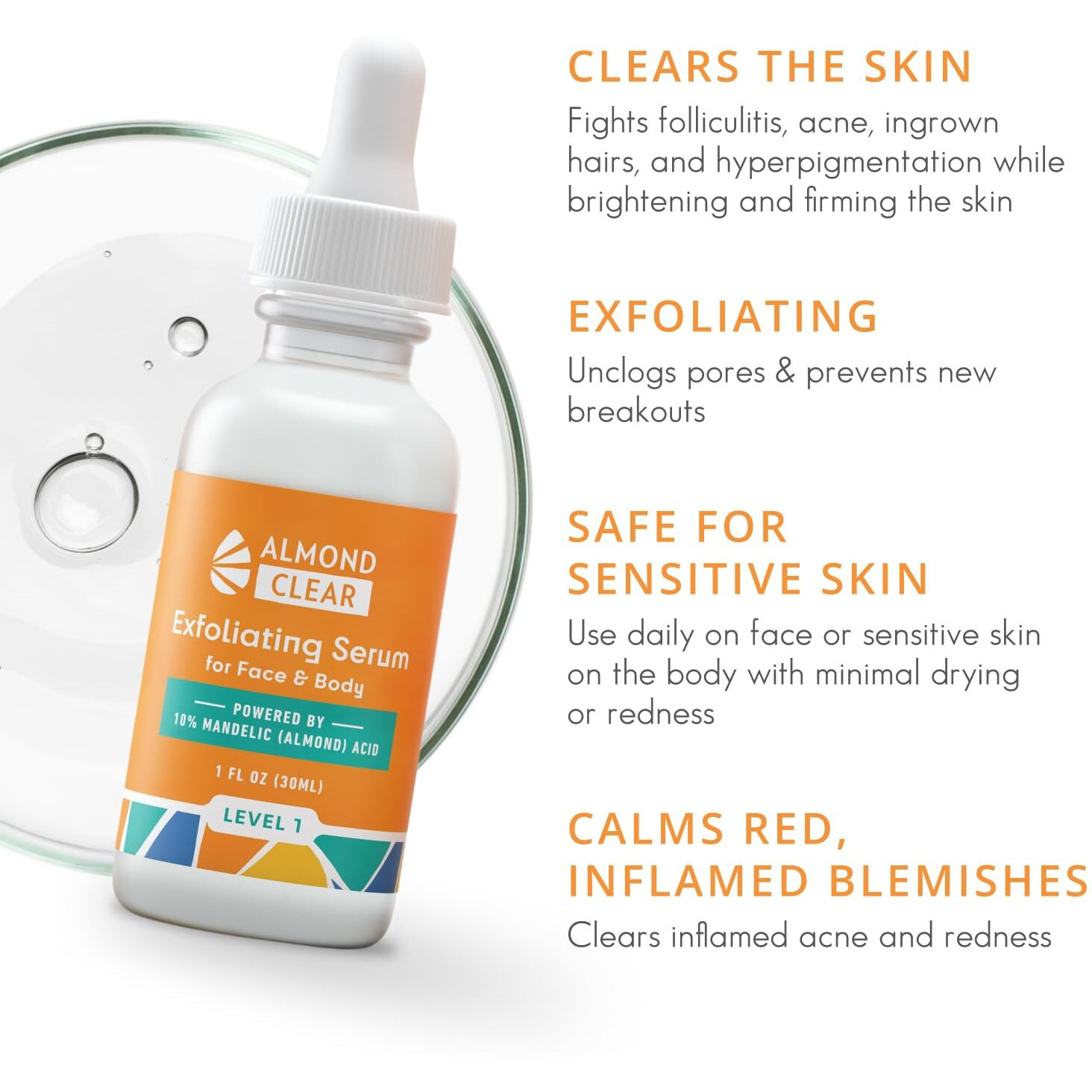 Face & Body Clearing Serum  Level 1- For Acne  Folliculitis  Aging Skin  Ingrown Hairs  Dark Spots - Face  Chest  Butt  Back  Thighs  Arms - Mandelic Acid - 1 Fl Oz