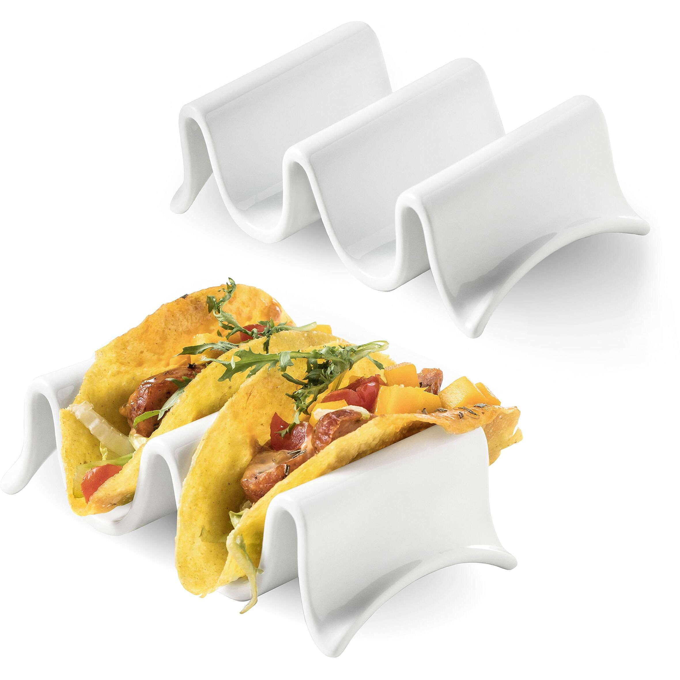 Missyssim Taco Holder  Porcelain Taco Tray With Handles  Perfect For Keeping Tacos In Place  Serving Dish For Entertraining  Taco Shell Holds 4 Taco  Set Of 2
