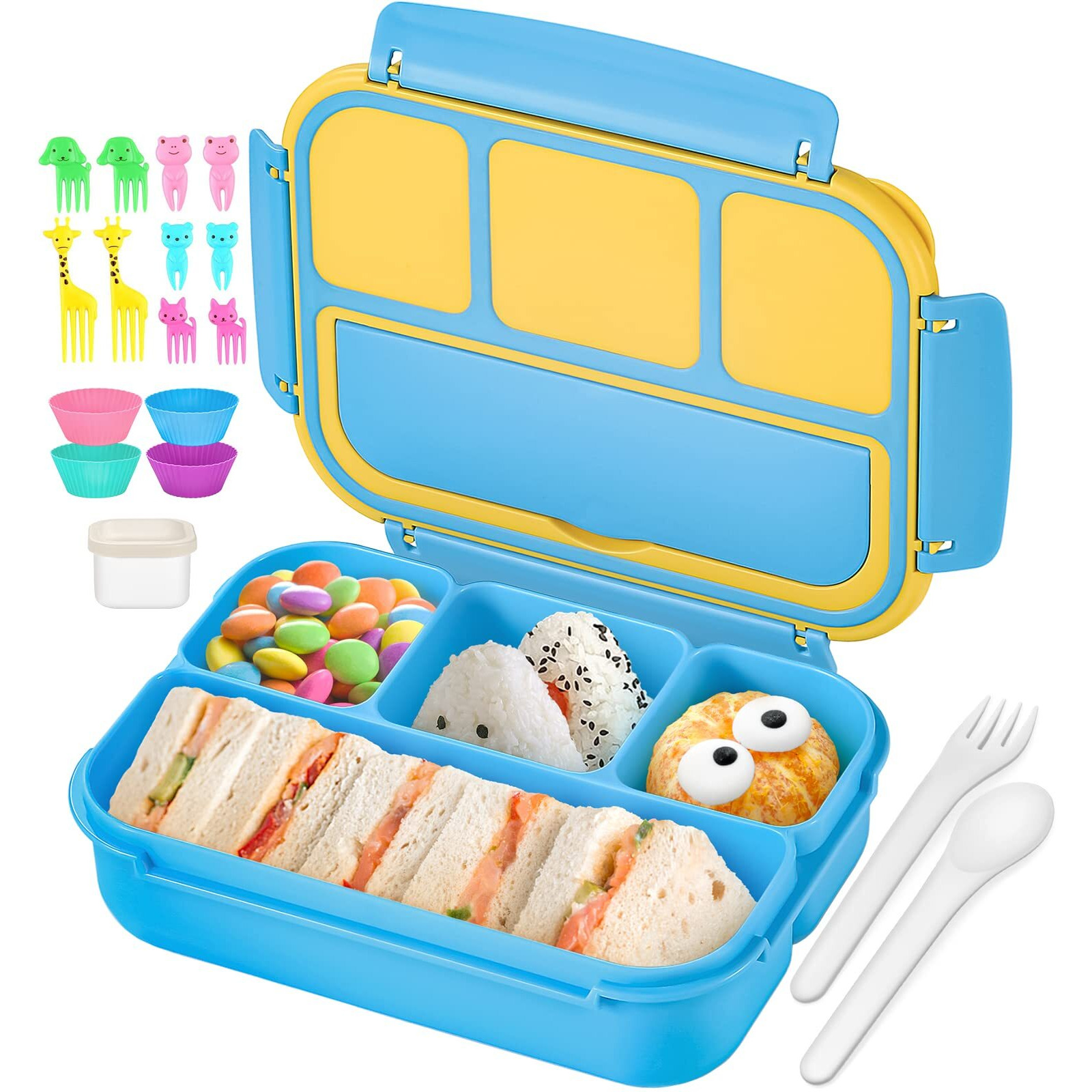 Qqko Bento Lunch Boxes With 4 Compartments  Sauce Container  Utensils  Food Picks And Muffin Cups For School Or Adults  Blue