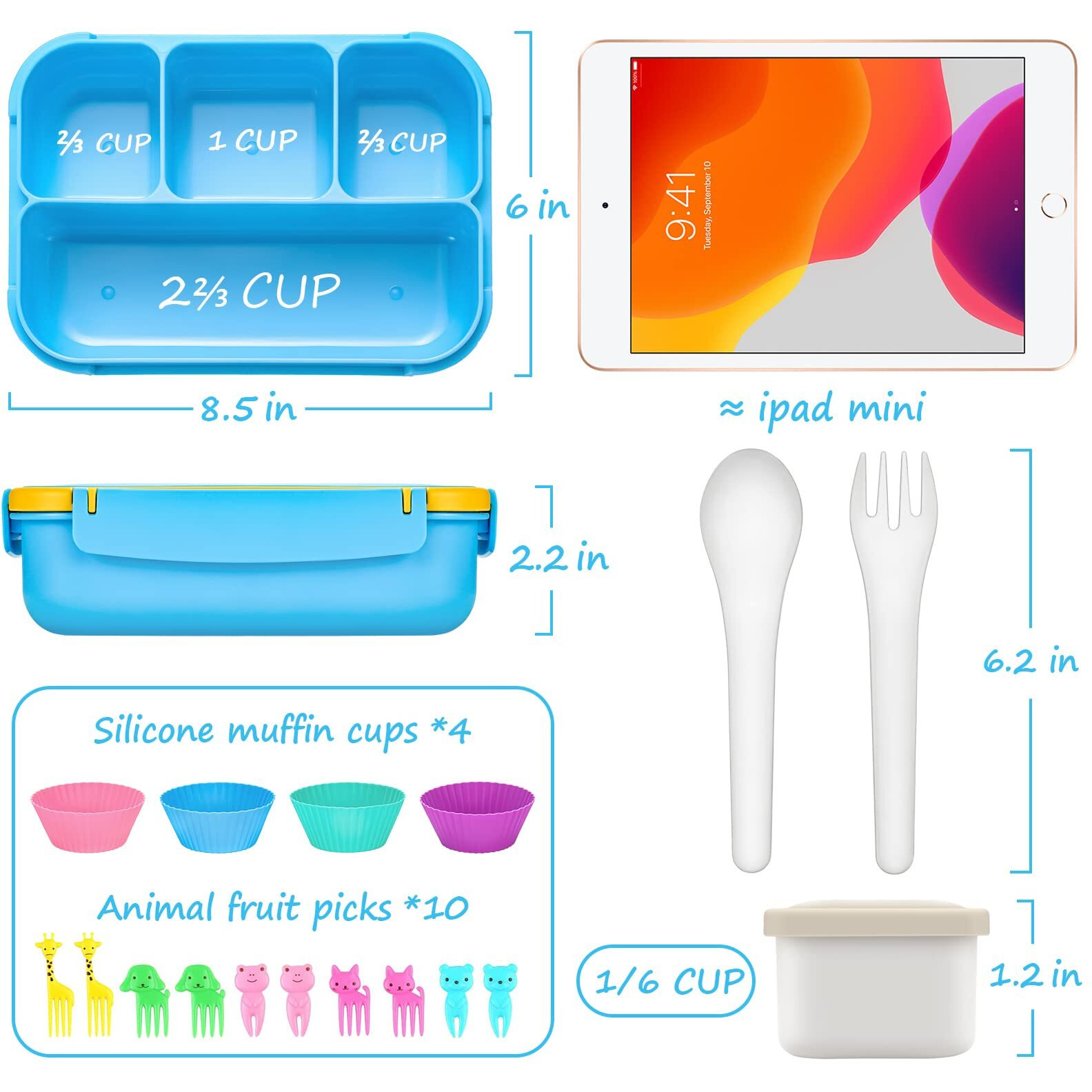 Qqko Bento Lunch Boxes With 4 Compartments  Sauce Container  Utensils  Food Picks And Muffin Cups For School Or Adults  Blue