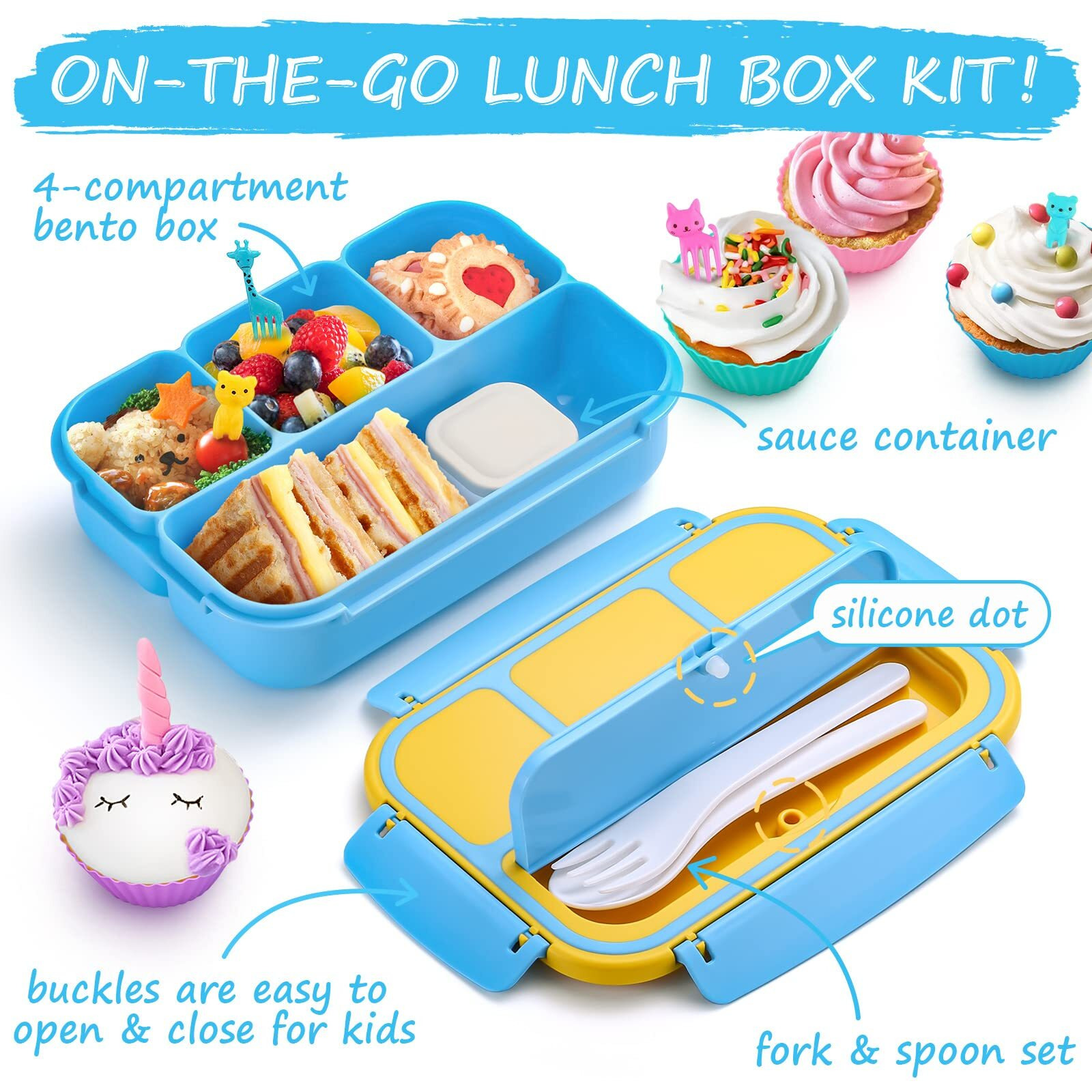 Qqko Bento Lunch Boxes With 4 Compartments  Sauce Container  Utensils  Food Picks And Muffin Cups For School Or Adults  Blue