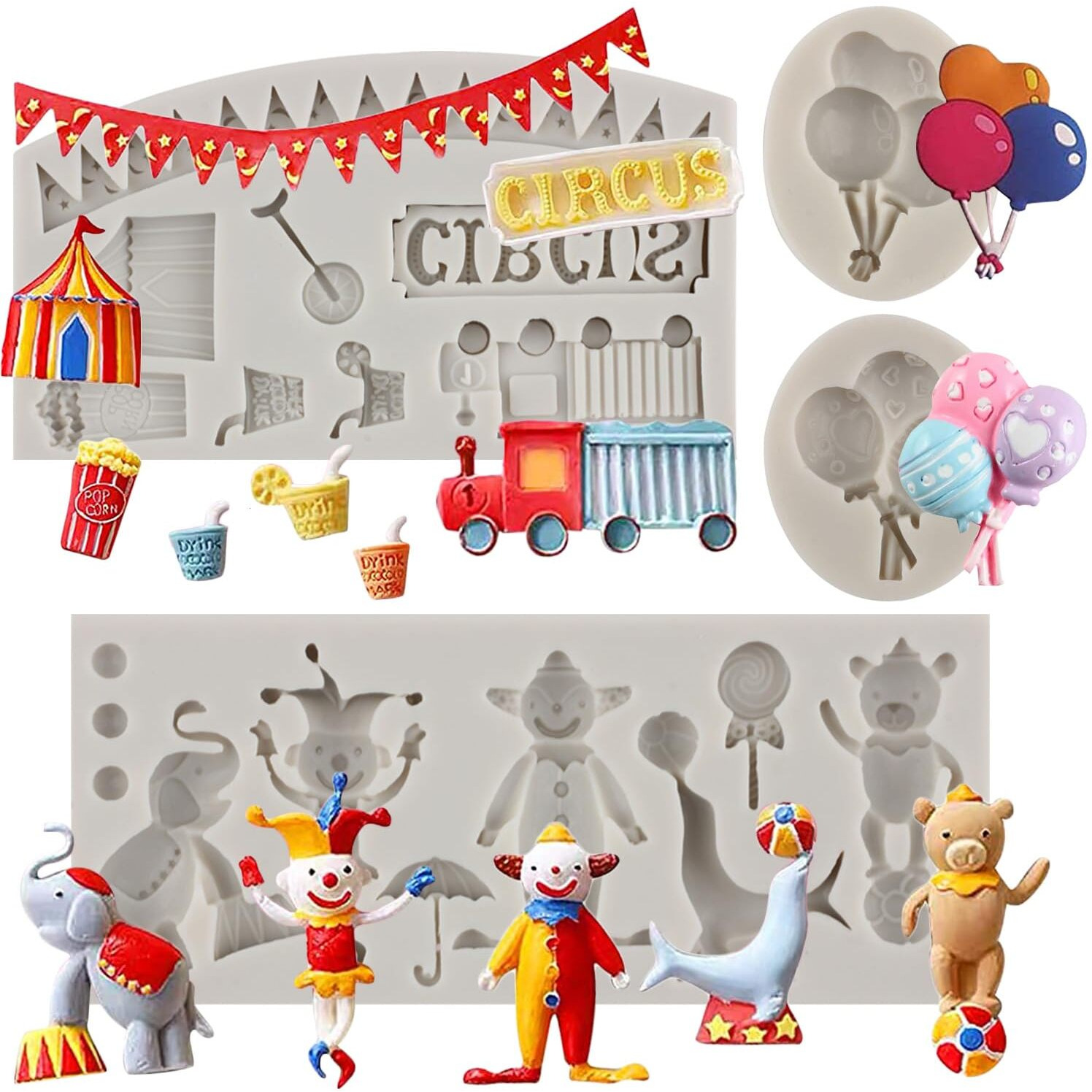 Sijiangmold Circus Fondant Silicone Molds Clown Elephant Chocolate Molds Theater Unicycle Balloon Mold For Cupcake Topper Cake Decorating Candy Craft Polymer Clay Gum Paste Set Of 4