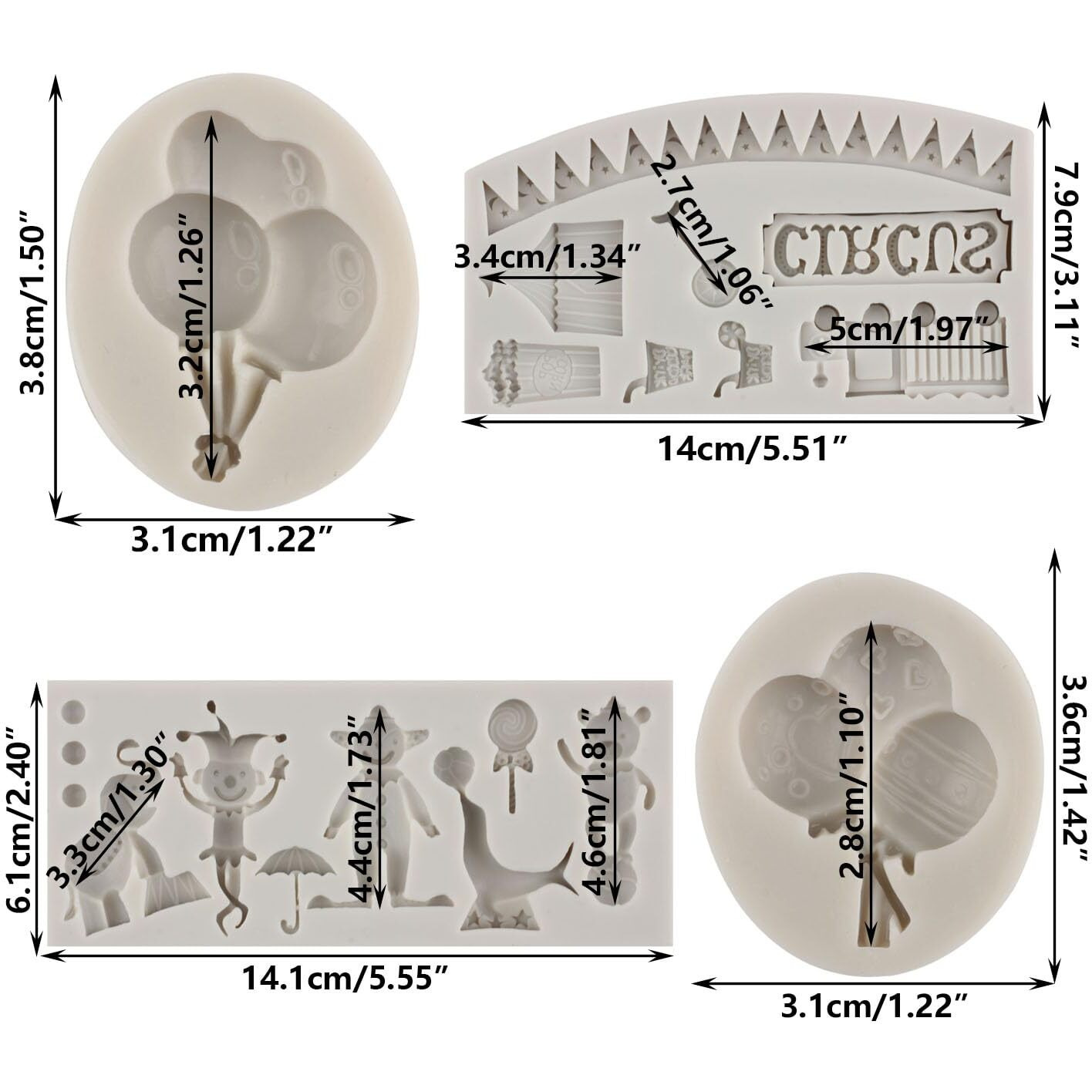 Sijiangmold Circus Fondant Silicone Molds Clown Elephant Chocolate Molds Theater Unicycle Balloon Mold For Cupcake Topper Cake Decorating Candy Craft Polymer Clay Gum Paste Set Of 4