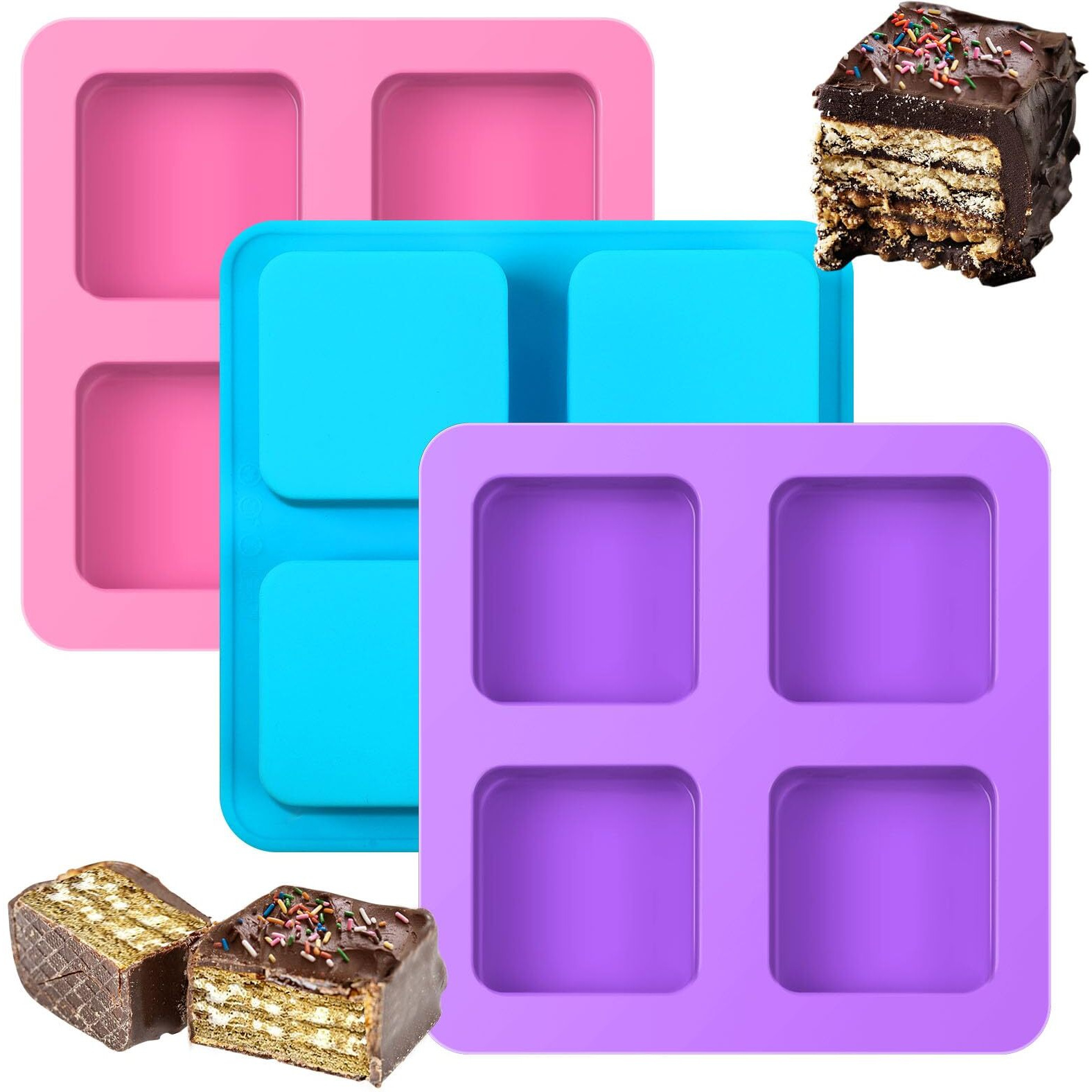 Boardfeb 4 Cavity Chocolate Covered Cookie S'Mores Molds  3Pcs Silicone Square Molds Reusable Non Stick Silicone Trays For Smores  Chocolate  Graham Crackers  Candy  Marshmallow Making