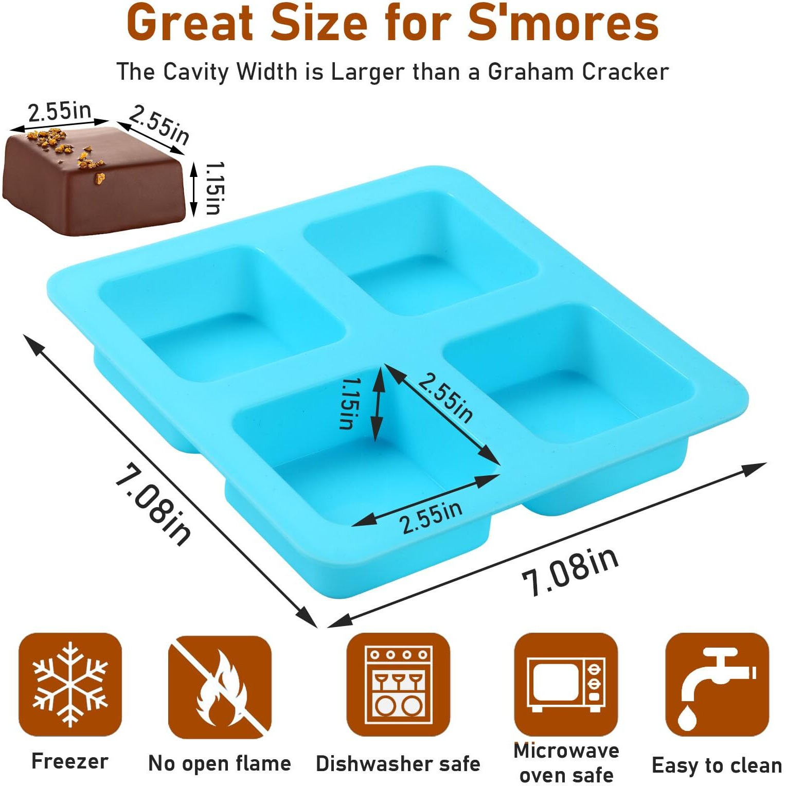 Boardfeb 4 Cavity Chocolate Covered Cookie S'Mores Molds  3Pcs Silicone Square Molds Reusable Non Stick Silicone Trays For Smores  Chocolate  Graham Crackers  Candy  Marshmallow Making