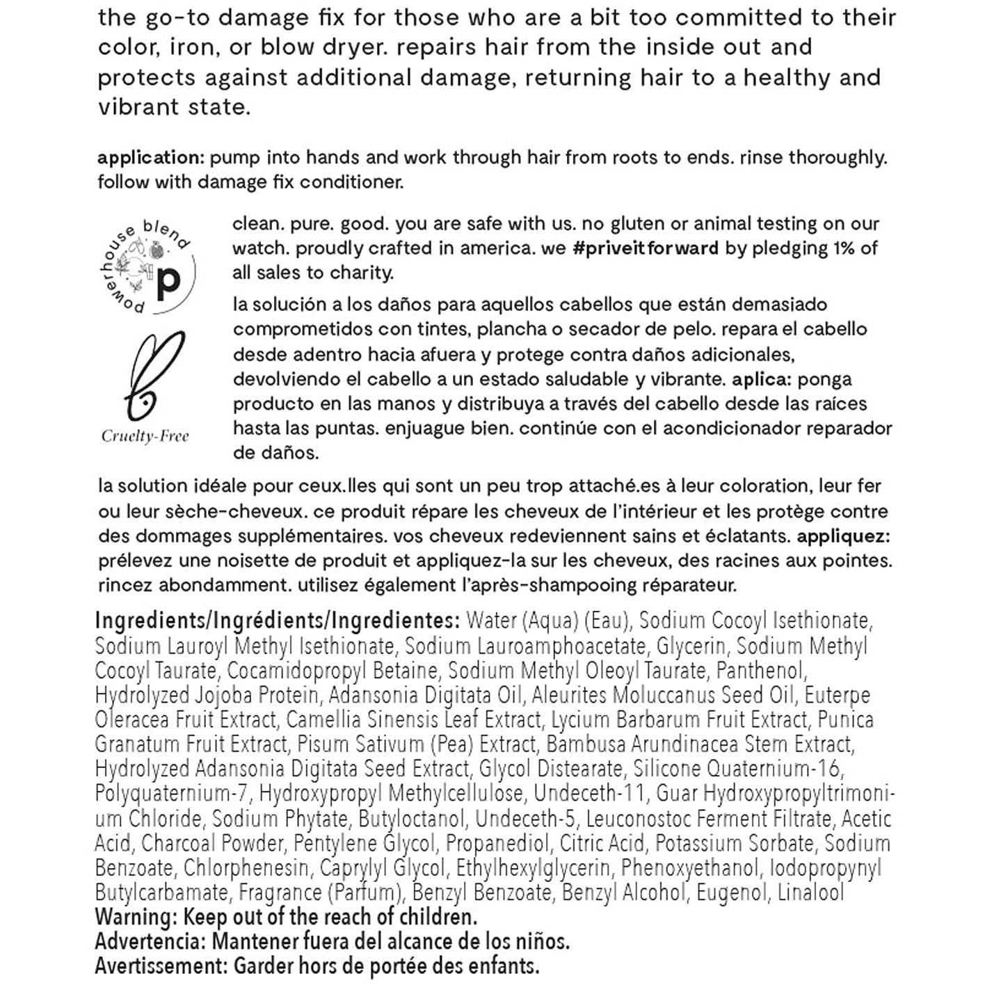 Prive Damage Fix Shampoo - Repair And Strengthen Damaged  Dull Or Over Processed Hair From Within Natural Ingredients Vegan Cruelty-Free Color-Safe (33.8Oz)