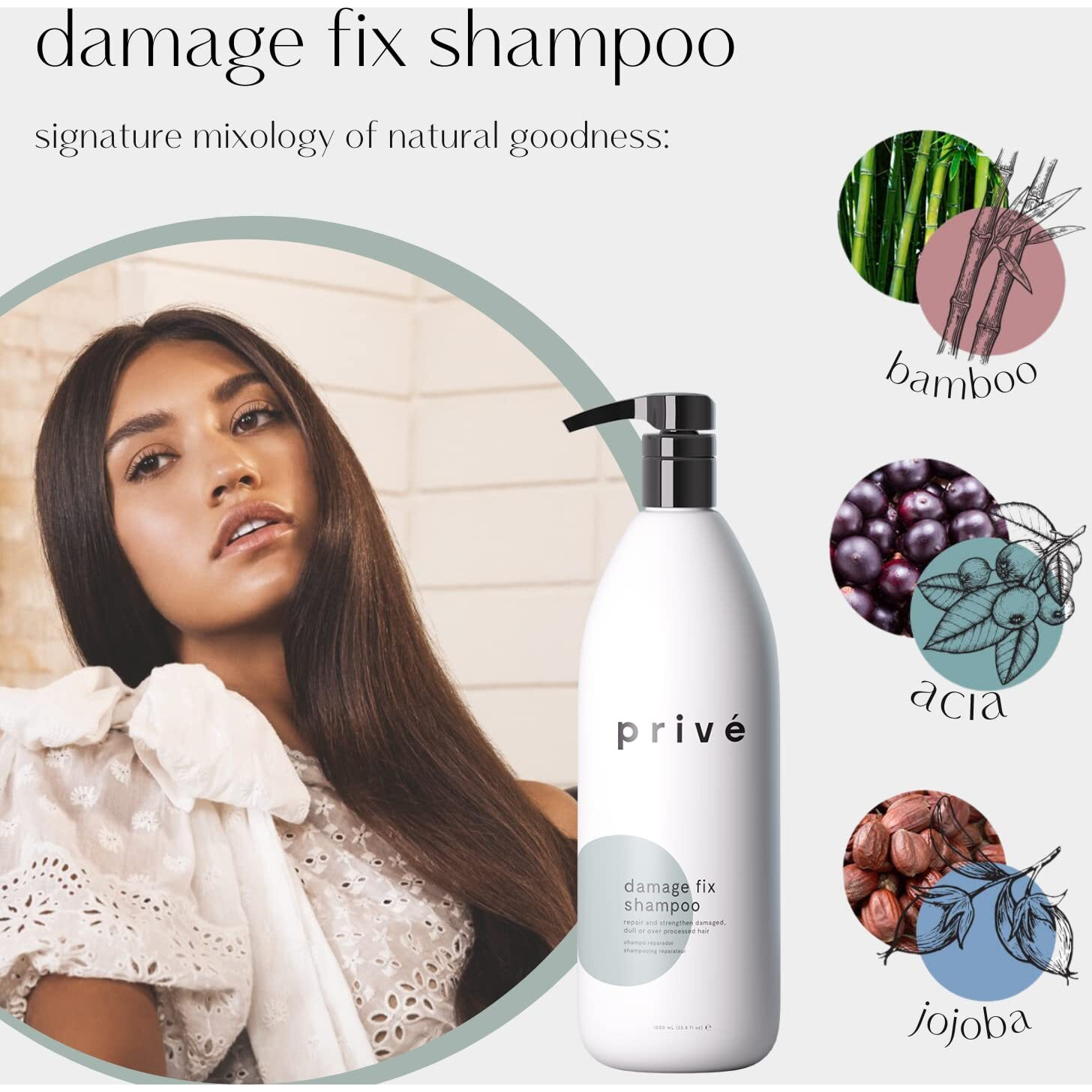 Prive Damage Fix Shampoo - Repair And Strengthen Damaged  Dull Or Over Processed Hair From Within Natural Ingredients Vegan Cruelty-Free Color-Safe (33.8Oz)
