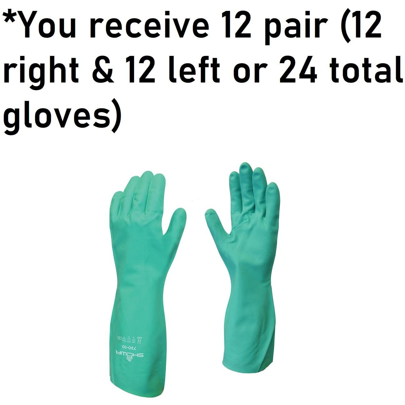 Showa 730 Nitrile Cotton Flock-Lined Chemical Resistant Safety Glove  15 Mil  13"" Length  Medium  Light Green (Pack Of 12 Pairs)