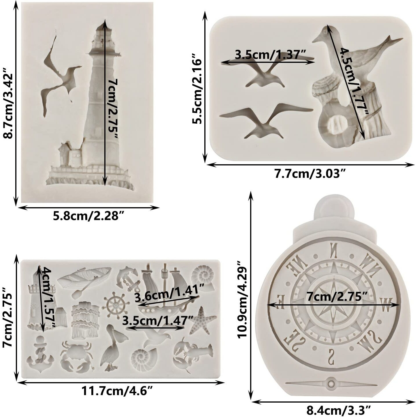 Sijiangmold Sailing Ship Fondant Molds Compass Anchor Rudder Lighthouse Silicone Molds For Cake Decorating Chocolate Candy Cupcake Topper Polymer Clay Set Of 4