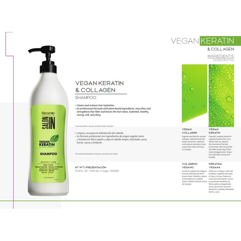 Recamier Professional Salon In Vegan Keratin & Collagen Hair Shampoo 33.8 Fl.Oz.