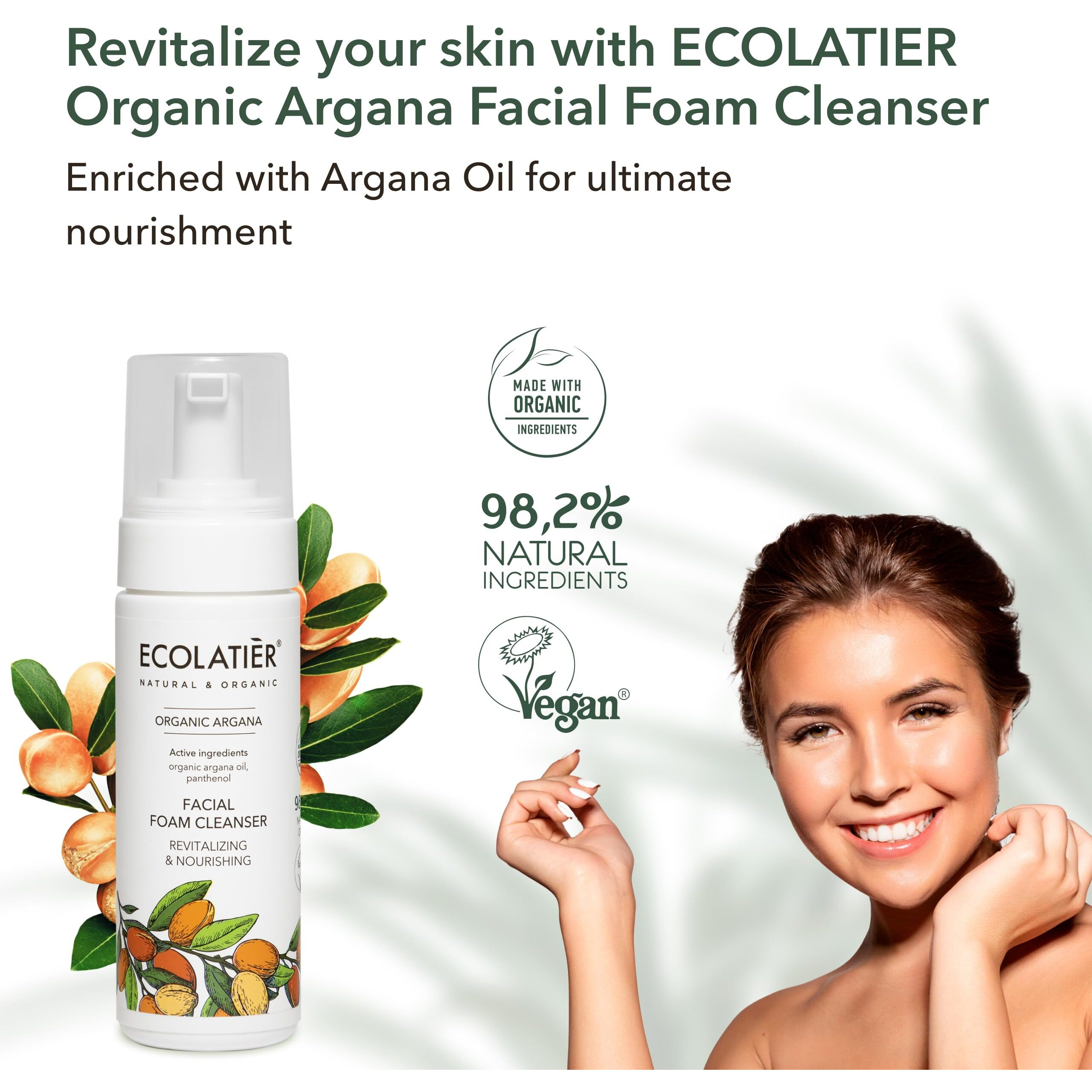 Ecolatir Facial Foam Cleanser Revitalizing & Nourishing Organic Argan Oil - 98.6% Natural  Vegan  Gentle Face Wash For Women  Hydrating  Anti-Aging  5.1 Floz