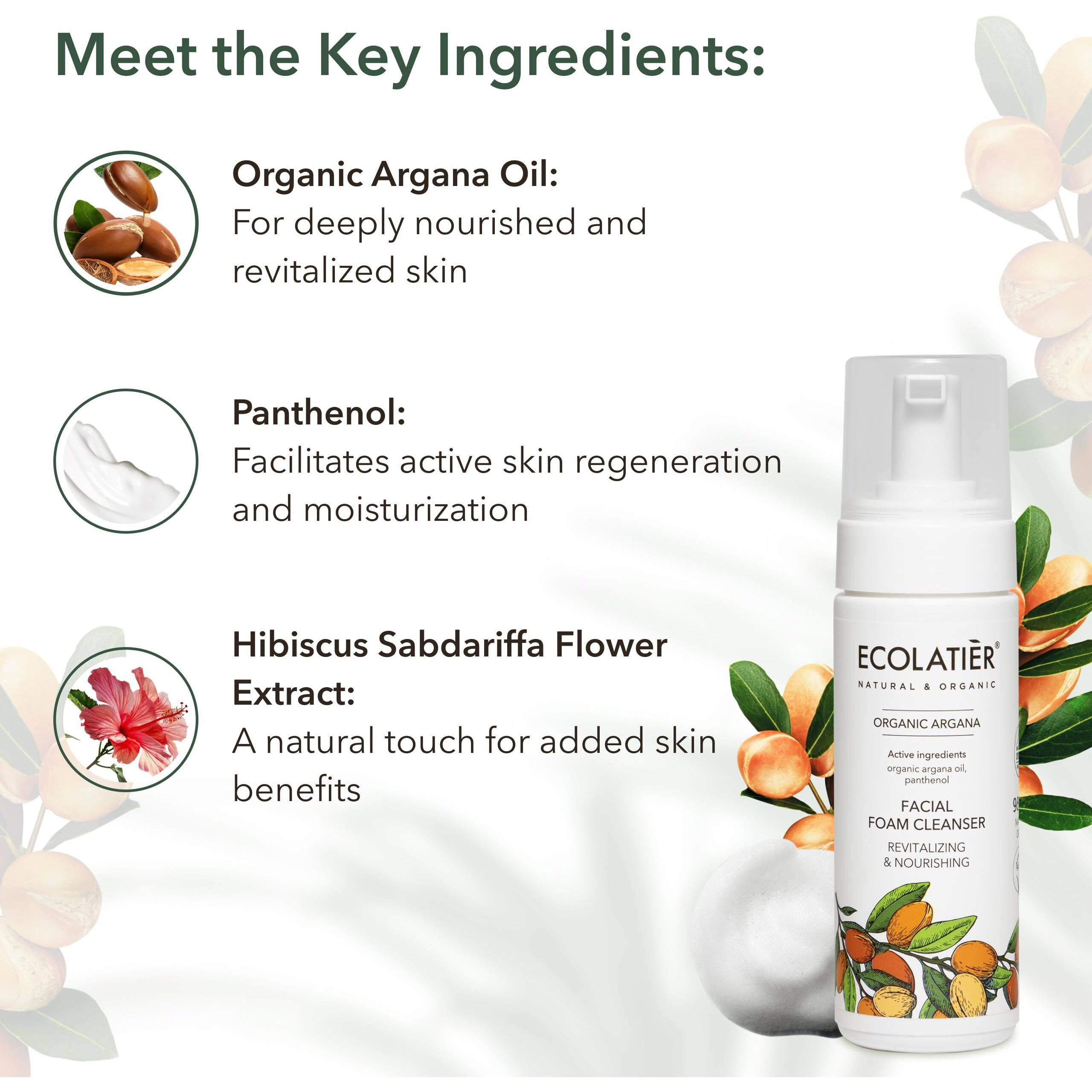 Ecolatir Facial Foam Cleanser Revitalizing & Nourishing Organic Argan Oil - 98.6% Natural  Vegan  Gentle Face Wash For Women  Hydrating  Anti-Aging  5.1 Floz