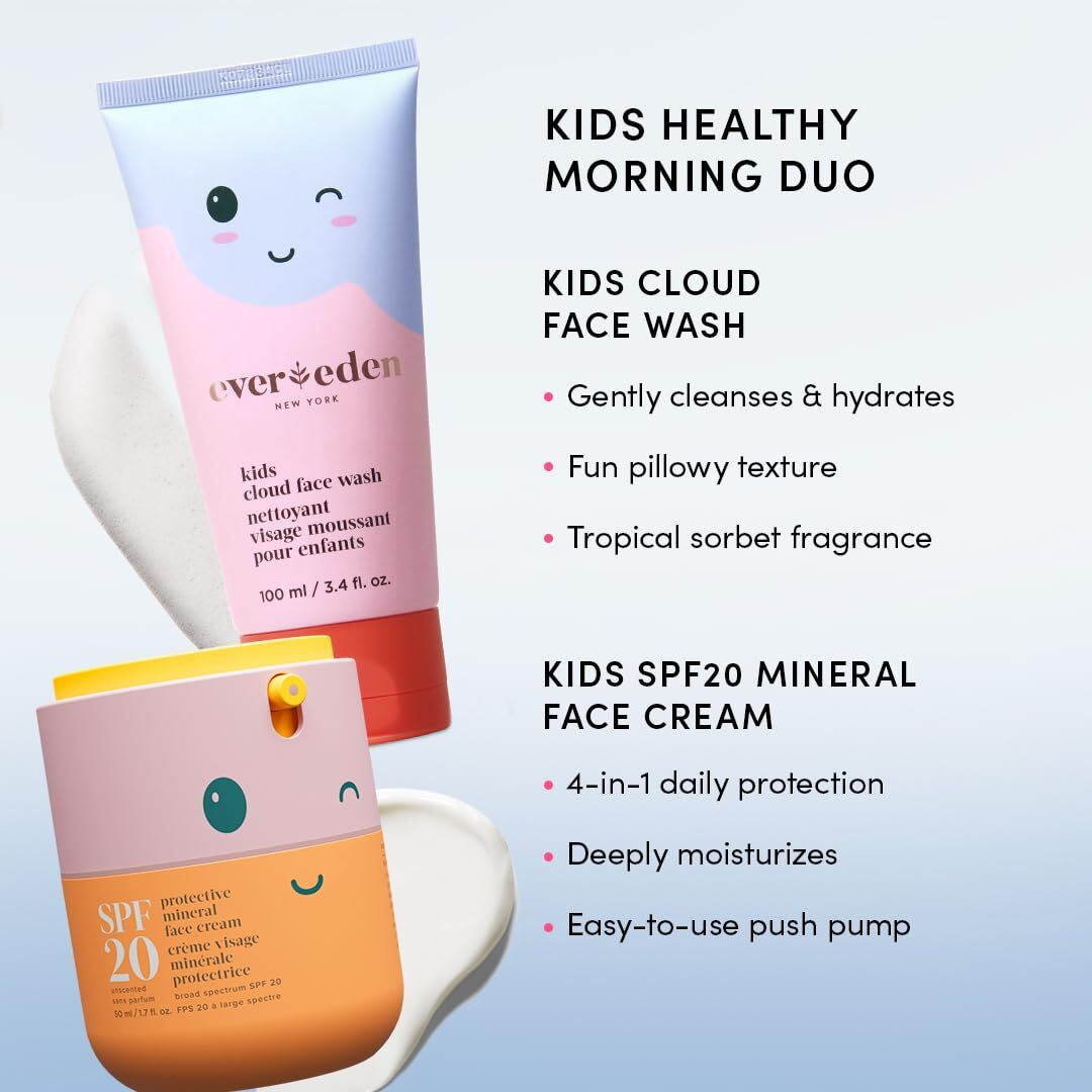 Kids Happy Morning Duo Clean & Vegan Skin Care For Kids Bundle | Kids Skin Care Cloud Face Wash + Spf 20 Mineral Face Cream | Non-Toxic | Non-Comedogenic | Fun | Easy-To-Use Skincare For Kids