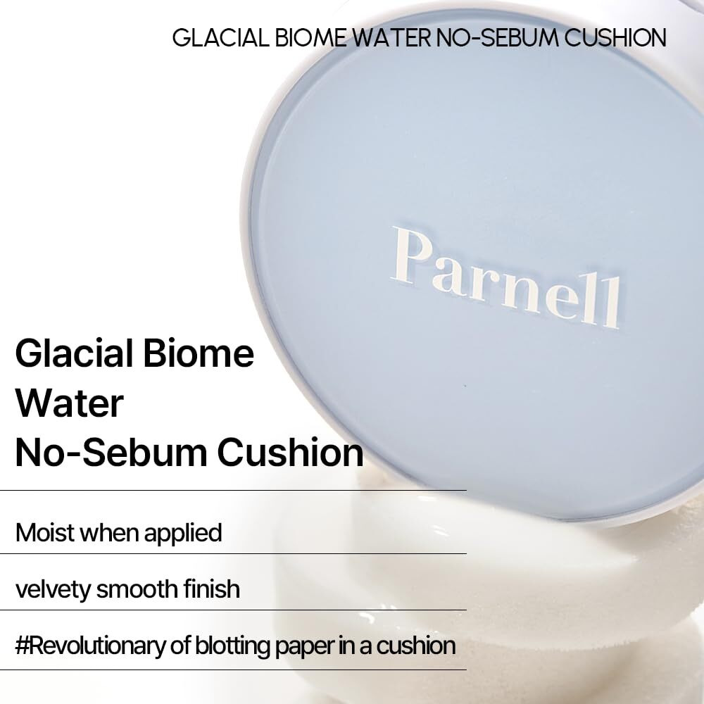 Parnell Glacial Biome Water No-Sebum Cushion - Hyaluronic Acid  Mineral Water  Collagen  Oil Absorbing  Cooling And Hydrating Blotting Water Powder Cushion For Oily And Dry Skin (0.35 Fl Oz / 10G)
