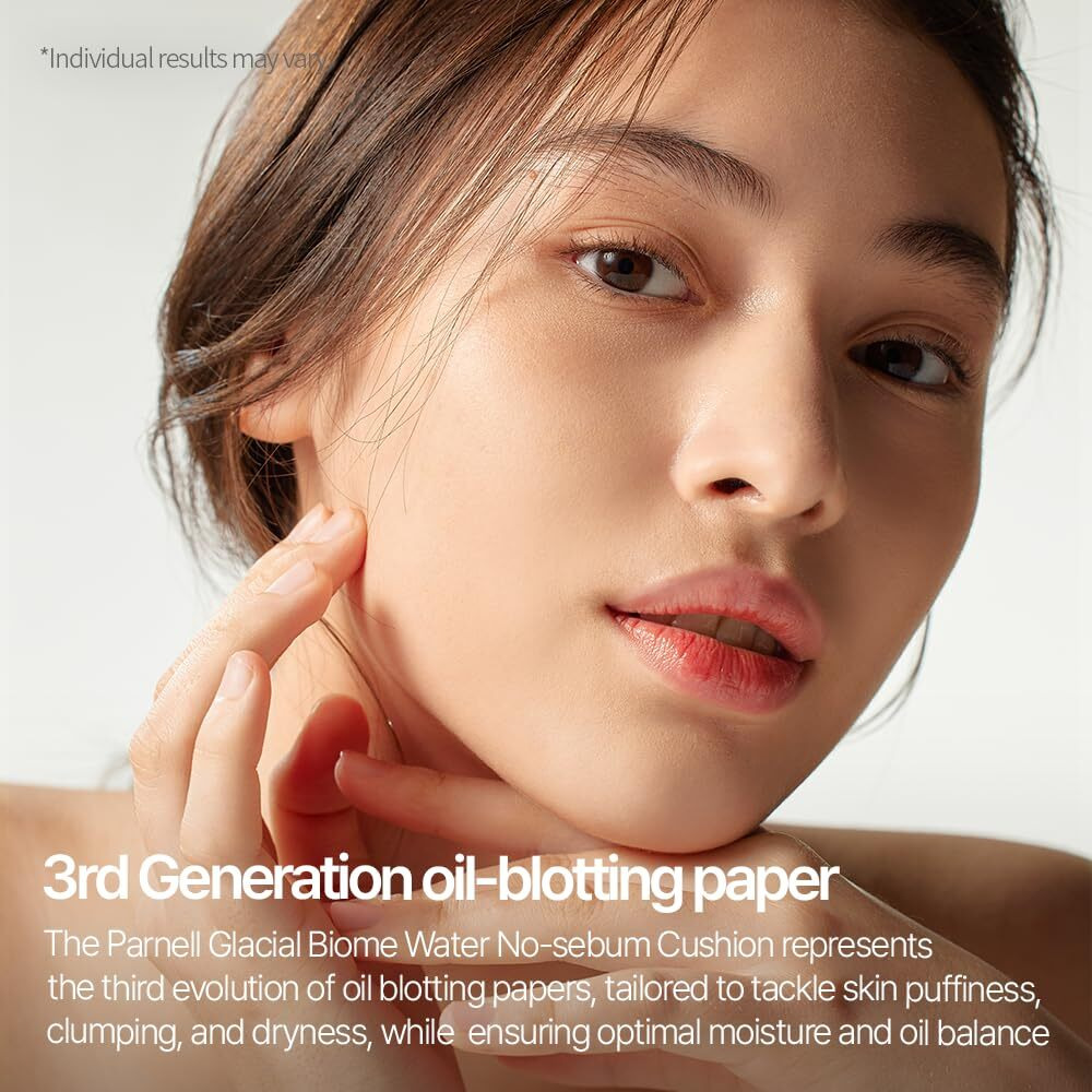 Parnell Glacial Biome Water No-Sebum Cushion - Hyaluronic Acid  Mineral Water  Collagen  Oil Absorbing  Cooling And Hydrating Blotting Water Powder Cushion For Oily And Dry Skin (0.35 Fl Oz / 10G)