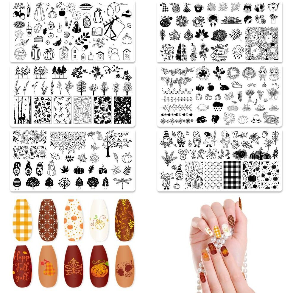 Alibbon 6 Pcs Fall Nail Stamping Plates Set  Leaves Background Nail Art Stamp Templates  Autumn Tree Stamp Templates Kit  Happy Thanksgiving Day Metal Nail Plates For Diy Printing Decor 4.72.4""