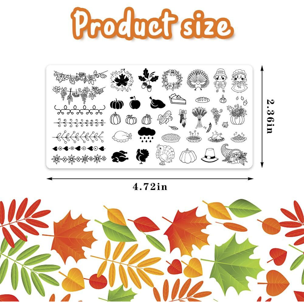 Alibbon 6 Pcs Fall Nail Stamping Plates Set  Leaves Background Nail Art Stamp Templates  Autumn Tree Stamp Templates Kit  Happy Thanksgiving Day Metal Nail Plates For Diy Printing Decor 4.72.4""