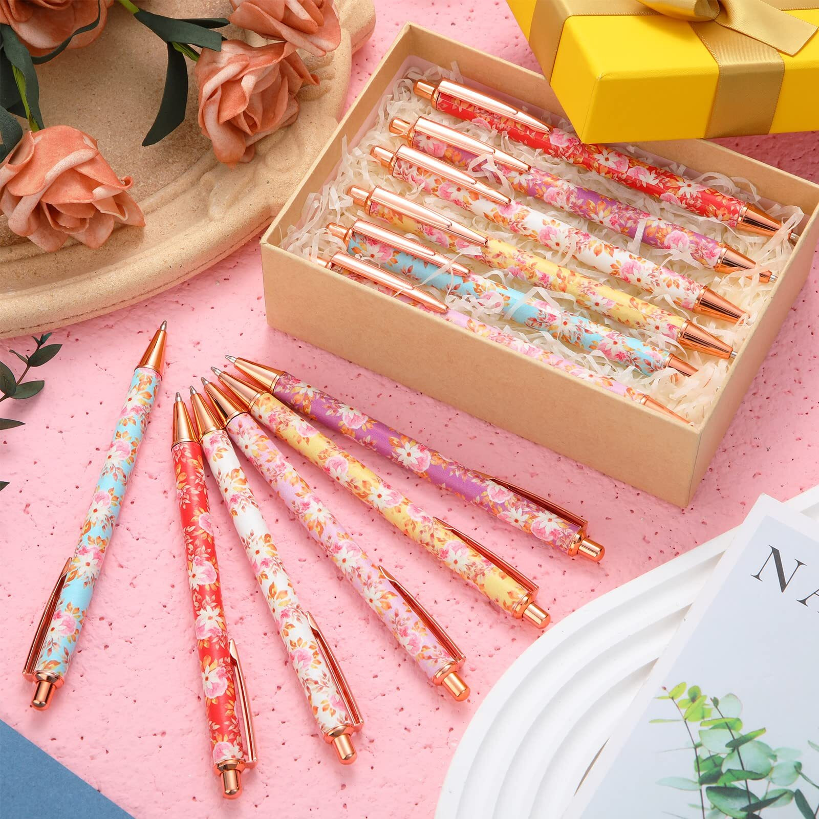 12 Pcs Floral Pens Flower Ballpoint Pens Pretty Fancy Pens For Women Girls Cute Black Ink Medium Point Pen Retro Retractable Pens For Gift To Teacher School Office Graduation