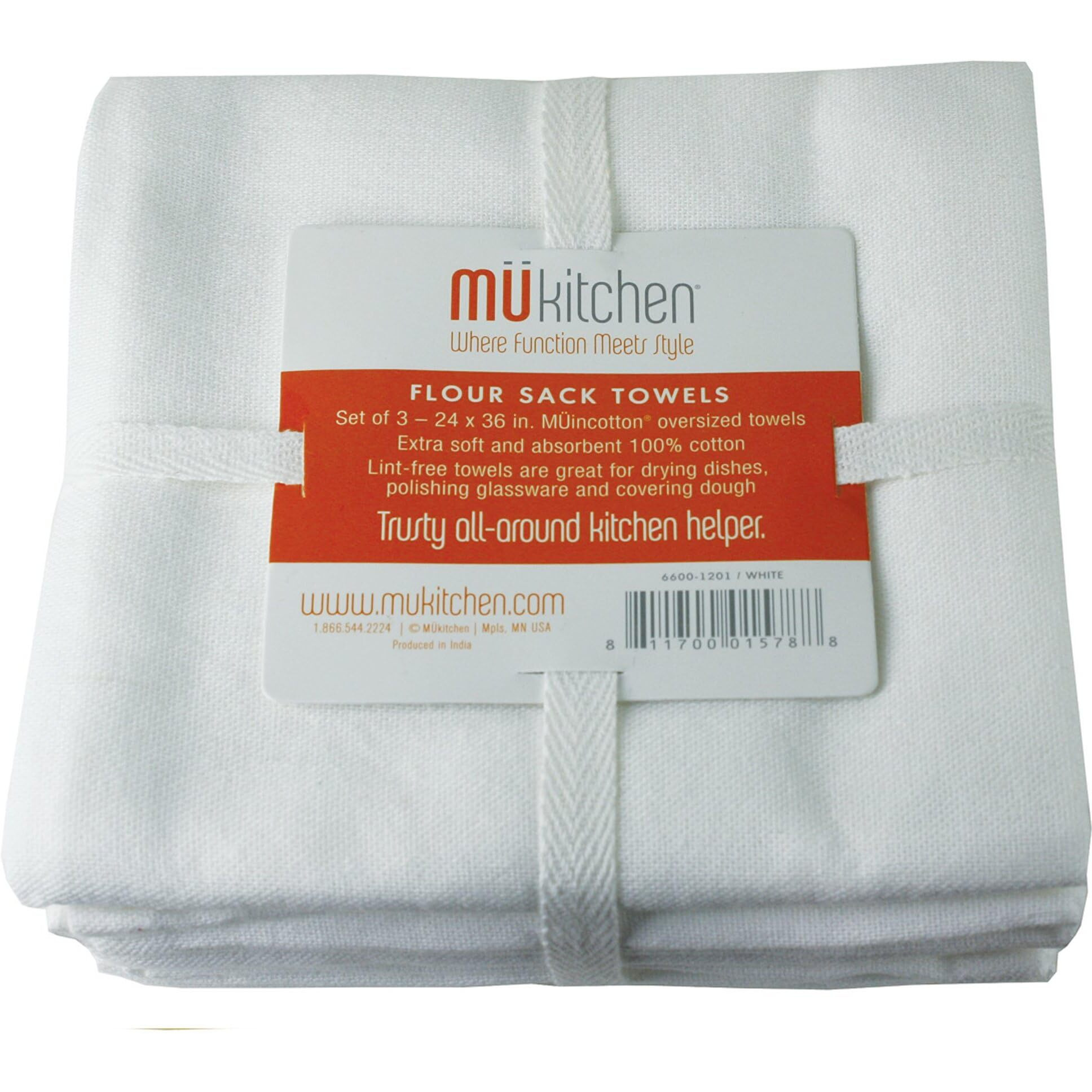Mukitchen Flour Sack Towels Dish Cloths  White  24 X 36 Inch  Cotton  Set Of 3