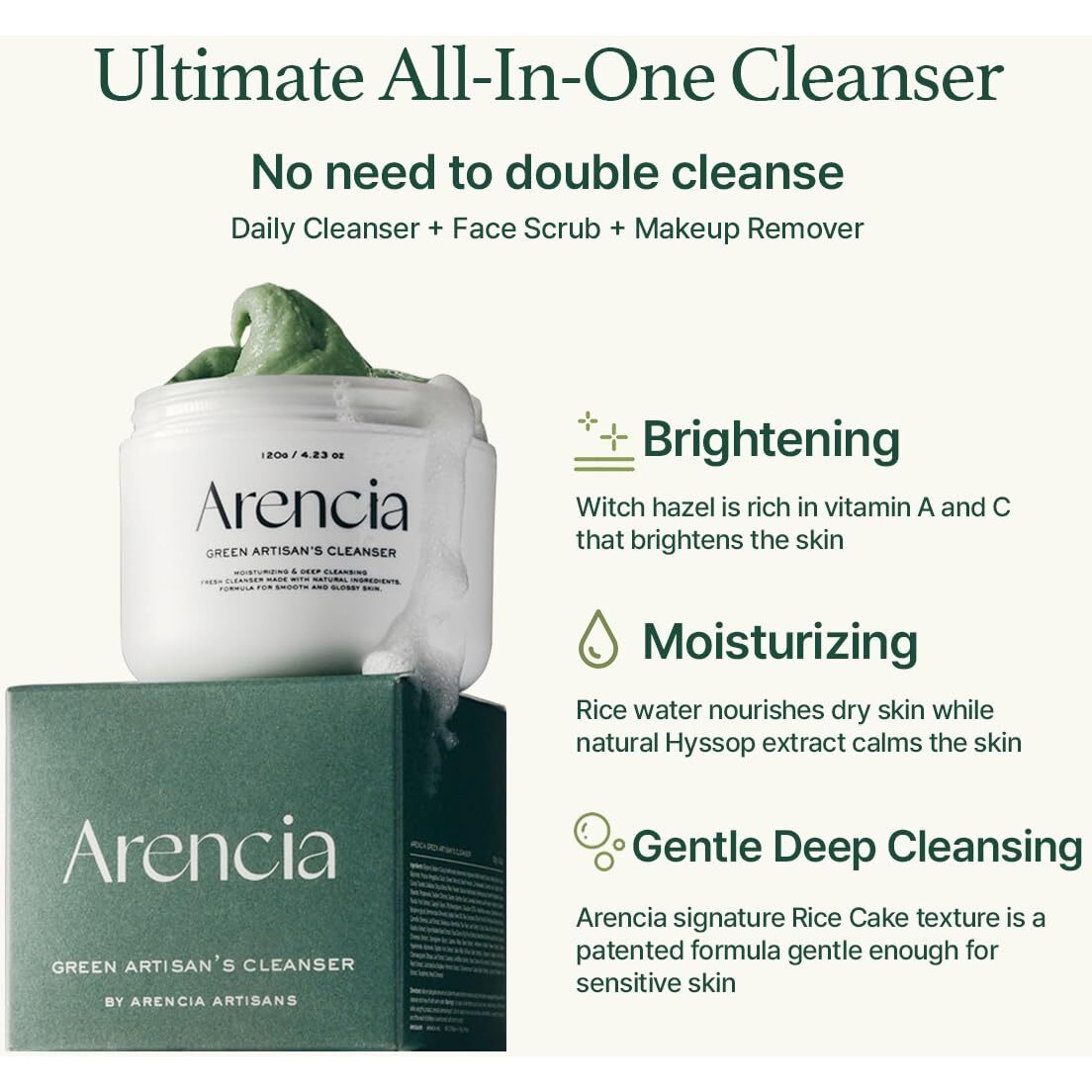 Arencia Korean Rice Mochi Face Cleanser & Daily Scrub - Moisturizing  Brightening & Deep-Cleansing - All Skin Types  Vegan  Organic - With Rice Powder  Rice Water & Green Tea (4.23Oz)
