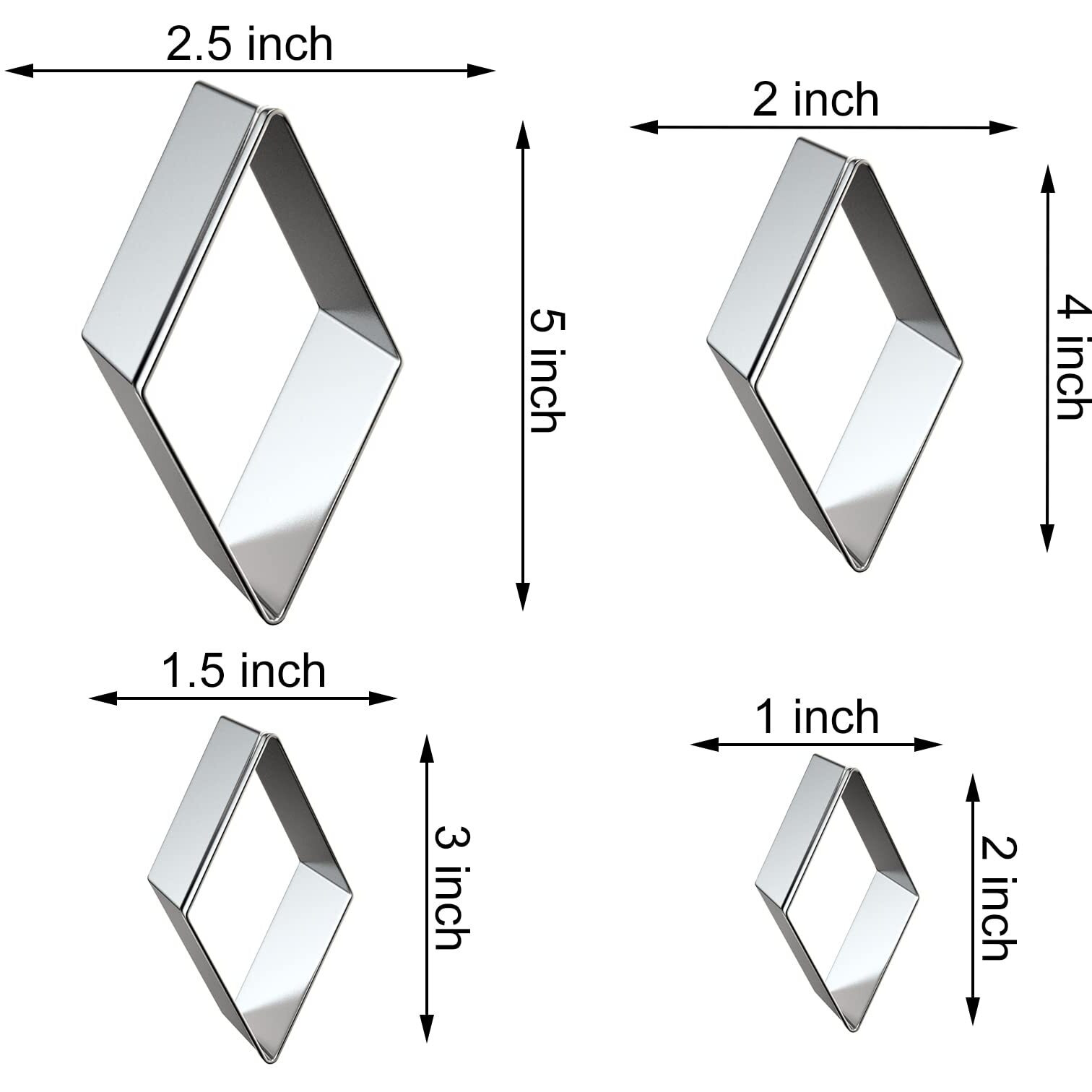 Rhombus Diamond Cookie Cutter Set Assorted Sizes Large Small Mini - 5 Inch  4 Inch  3 Inch  2 Inch - 4 Piece Geometric Frame Plaque Cookie Cutters Shapes Molds - Stainless Steel
