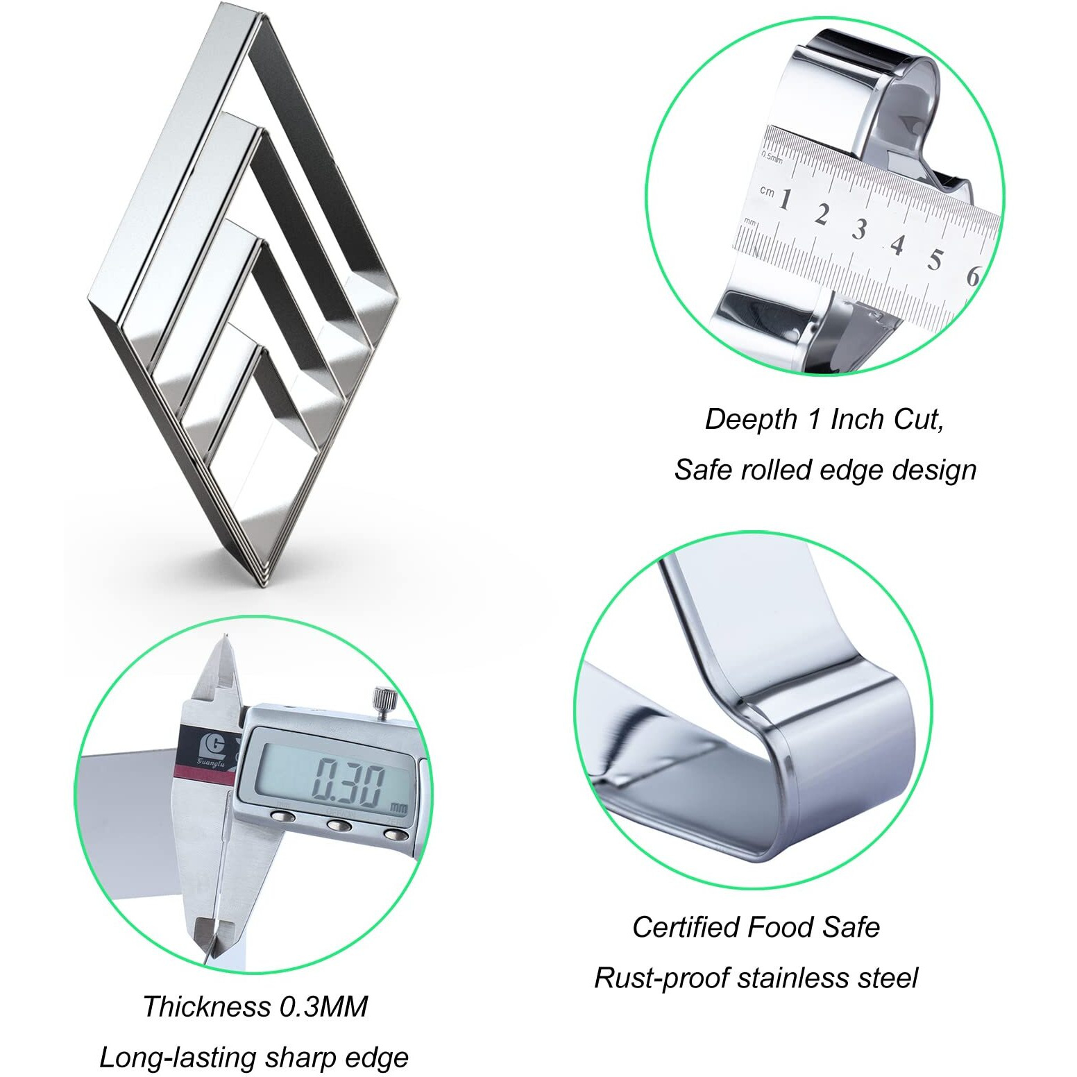 Rhombus Diamond Cookie Cutter Set Assorted Sizes Large Small Mini - 5 Inch  4 Inch  3 Inch  2 Inch - 4 Piece Geometric Frame Plaque Cookie Cutters Shapes Molds - Stainless Steel