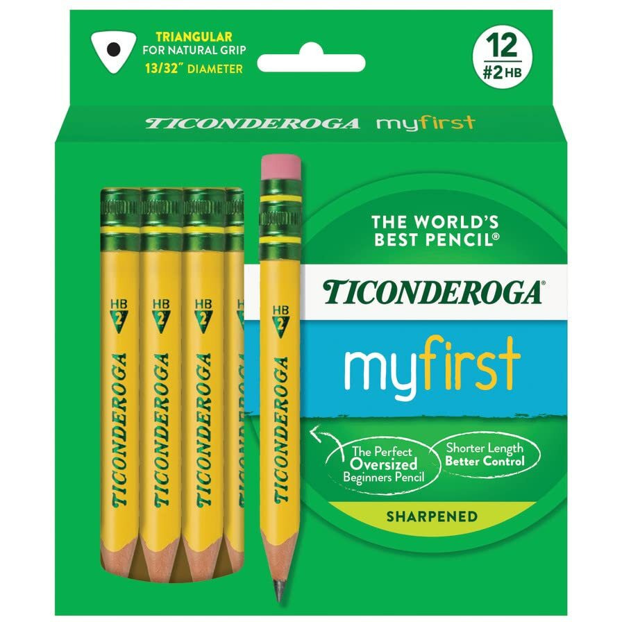 Ticonderoga My First Short Triangular Wood-Cased Pencils  2 Hb Soft  With Erasers  Yellow  12 Count