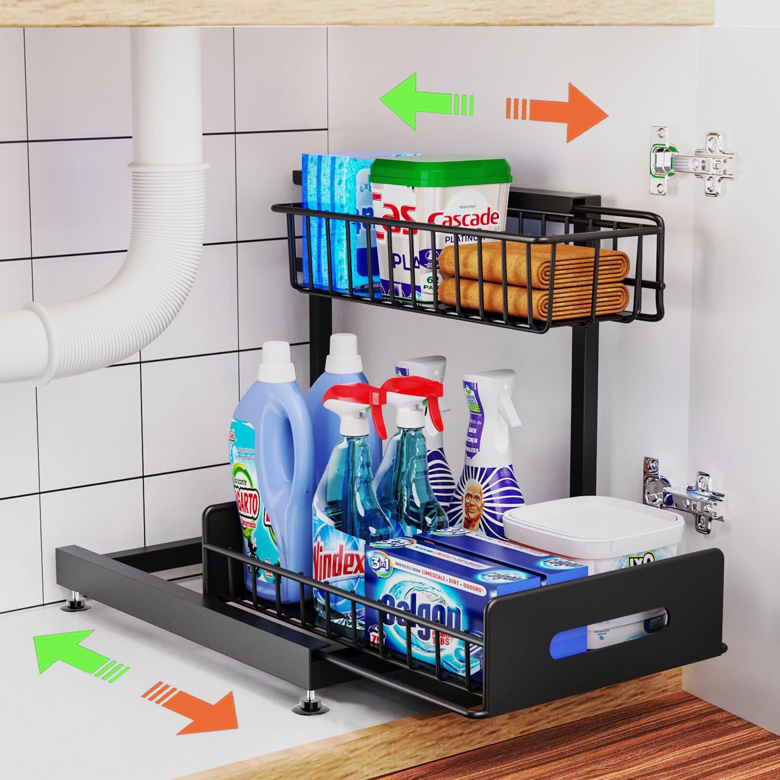 Under Sink Organizer And Storage Pull Out Cabinet Organizer 2-Tier Slide Out Kitchen Basket Sink Shelf Cabinet Organizers Adjustable L Shape Under Counter Organizers For Bathroom Kitchen Organization