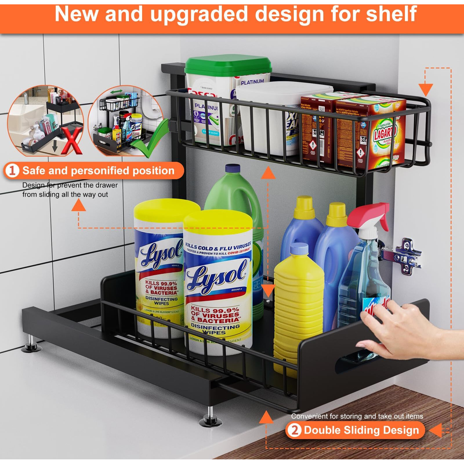 Under Sink Organizer And Storage Pull Out Cabinet Organizer 2-Tier Slide Out Kitchen Basket Sink Shelf Cabinet Organizers Adjustable L Shape Under Counter Organizers For Bathroom Kitchen Organization