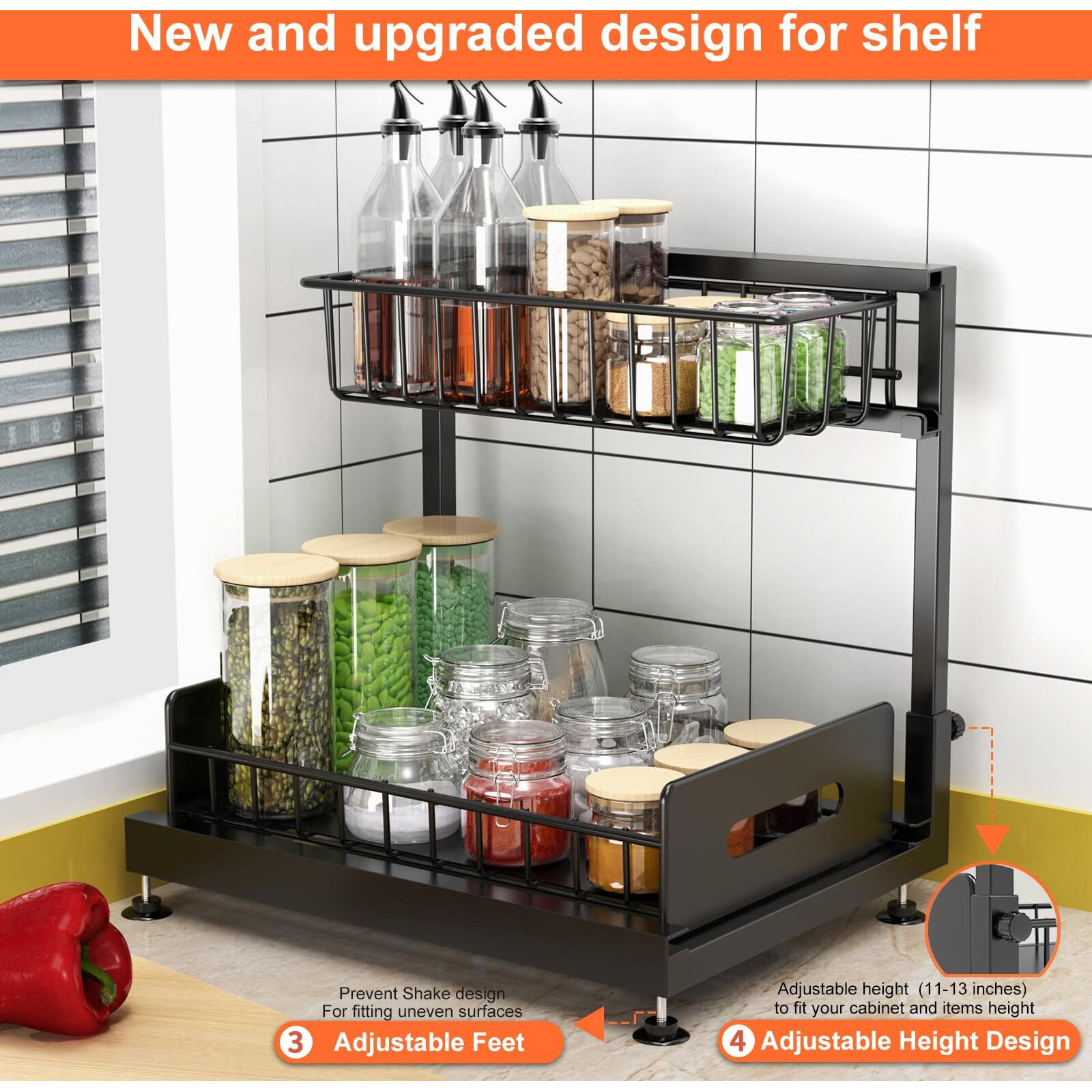 Under Sink Organizer And Storage Pull Out Cabinet Organizer 2-Tier Slide Out Kitchen Basket Sink Shelf Cabinet Organizers Adjustable L Shape Under Counter Organizers For Bathroom Kitchen Organization