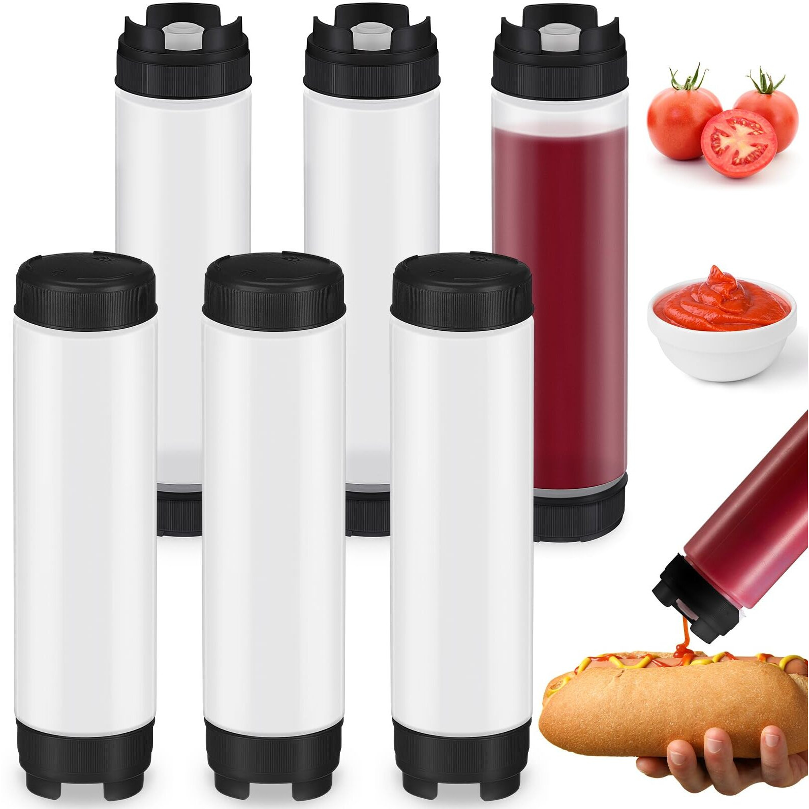 Sabary 6 Pcs 16 Oz Condiment Squeeze Bottles Inverted Plastic Squeeze Bottle For Sauces Refillable Tip Large Valve Dispenser Ketchup Sour Cream Self Sealing Syrup Dispenser For Restaurants (Black)