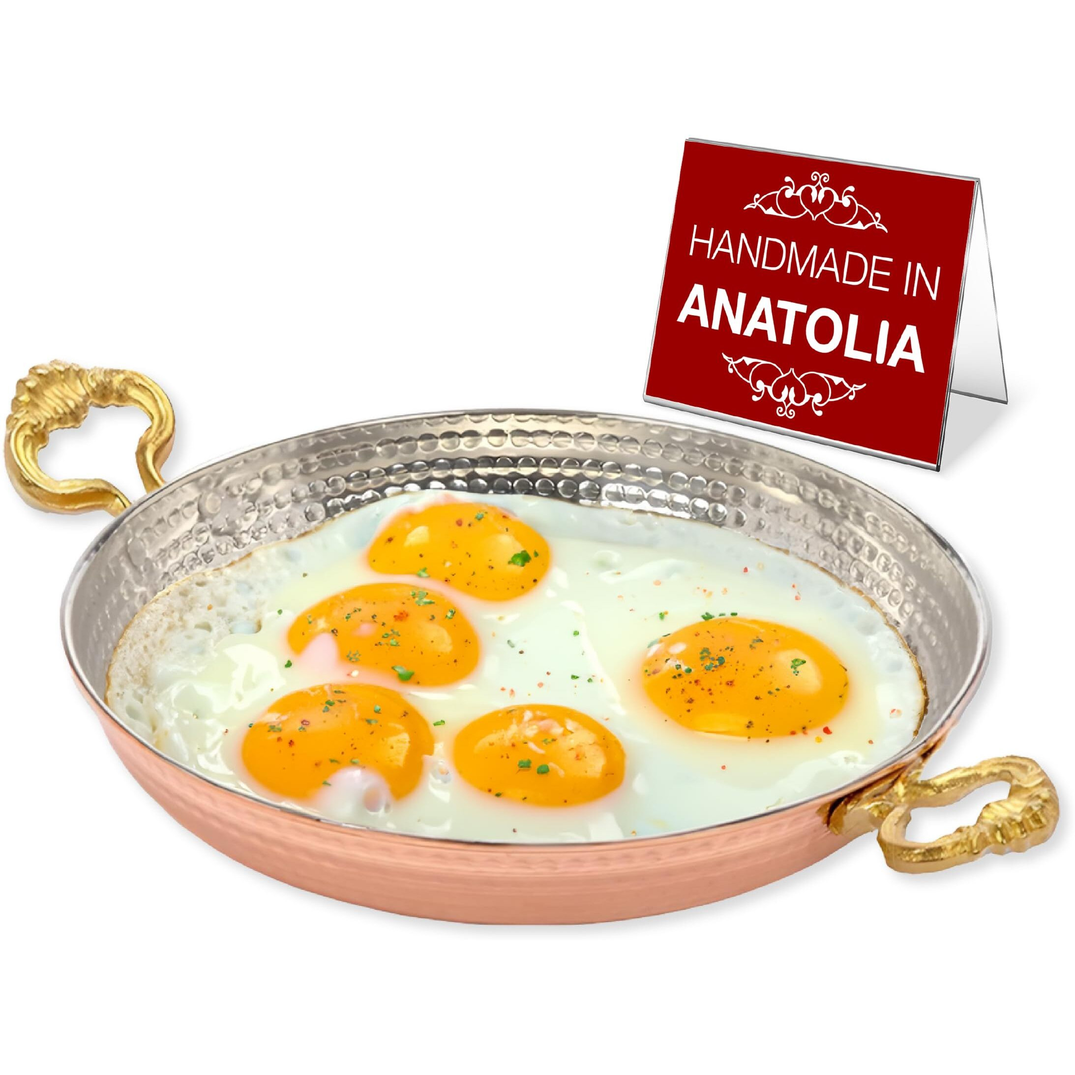 Hakan Copper Round Chef Pan | Traditional Ottoman Style Handmade Copper Frying Pan | Authentic Design Copper Cookware | Hand-Crafted Hammered Copper Sahan | Turkish Egg Omelet Skillet  9.4