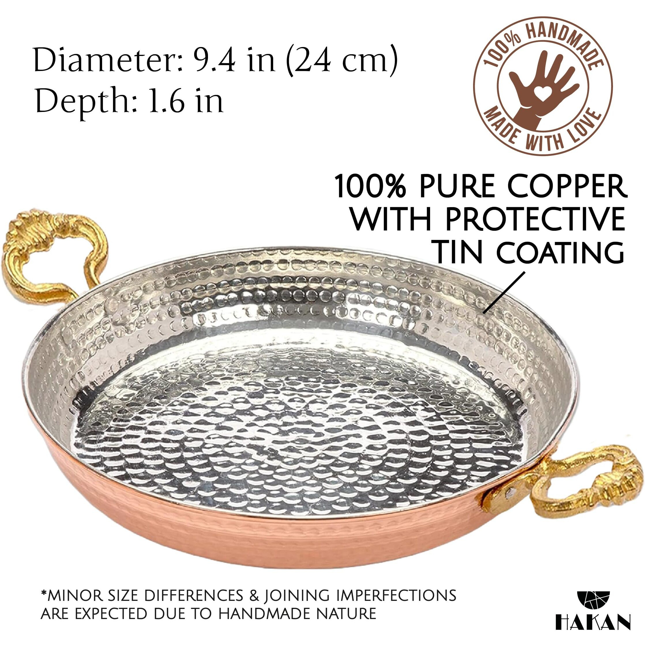 Hakan Copper Round Chef Pan | Traditional Ottoman Style Handmade Copper Frying Pan | Authentic Design Copper Cookware | Hand-Crafted Hammered Copper Sahan | Turkish Egg Omelet Skillet  9.4